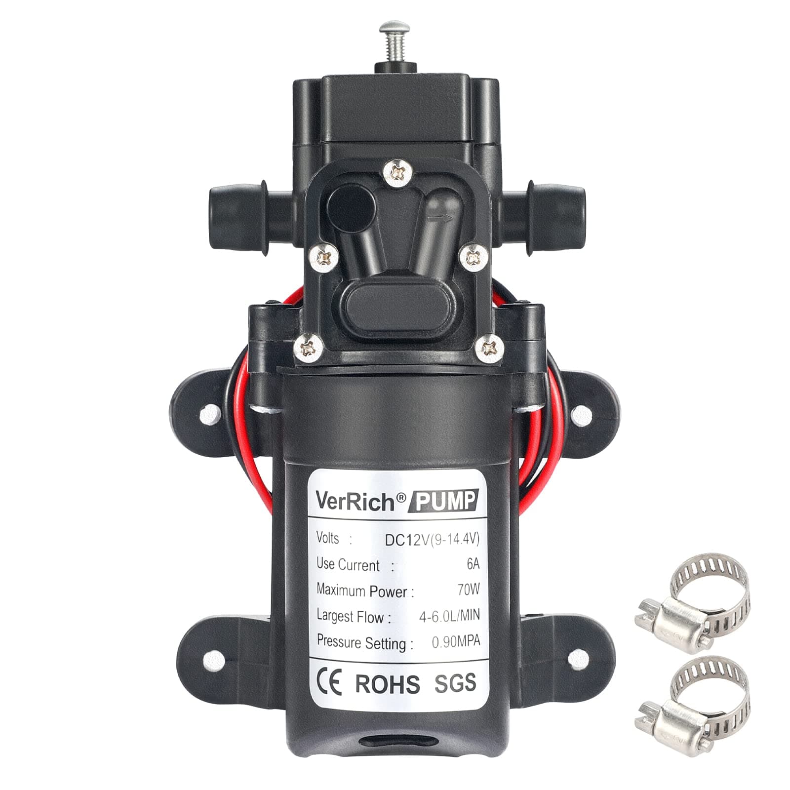 VerRich 12V Water Pumps Diaphragm Pump Without Pressure Switch 70W 4 L/Min 1GPM(Straigt Connector with 2 Adjustable Hose Clamp)