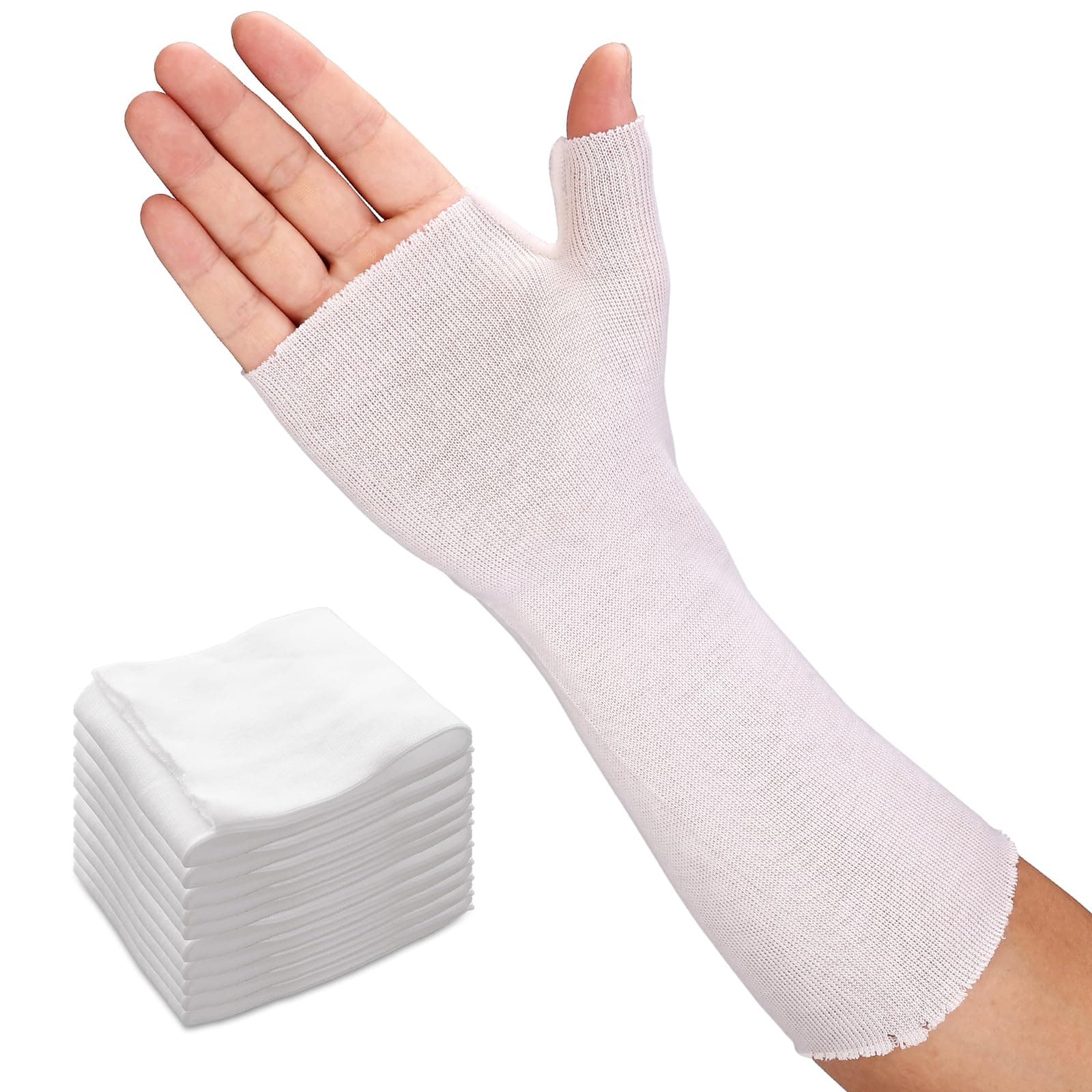 Velpeau Hand Socks for Splint (Pack of 10), Breathable, Thin Stockinette Tubing for Arm, Wrist Brace with Thumb Spica Liner, Cotton Gauze Sleeve, Under Cast Wrap, Arm Cover for Men and Women (White, Light Version, M)