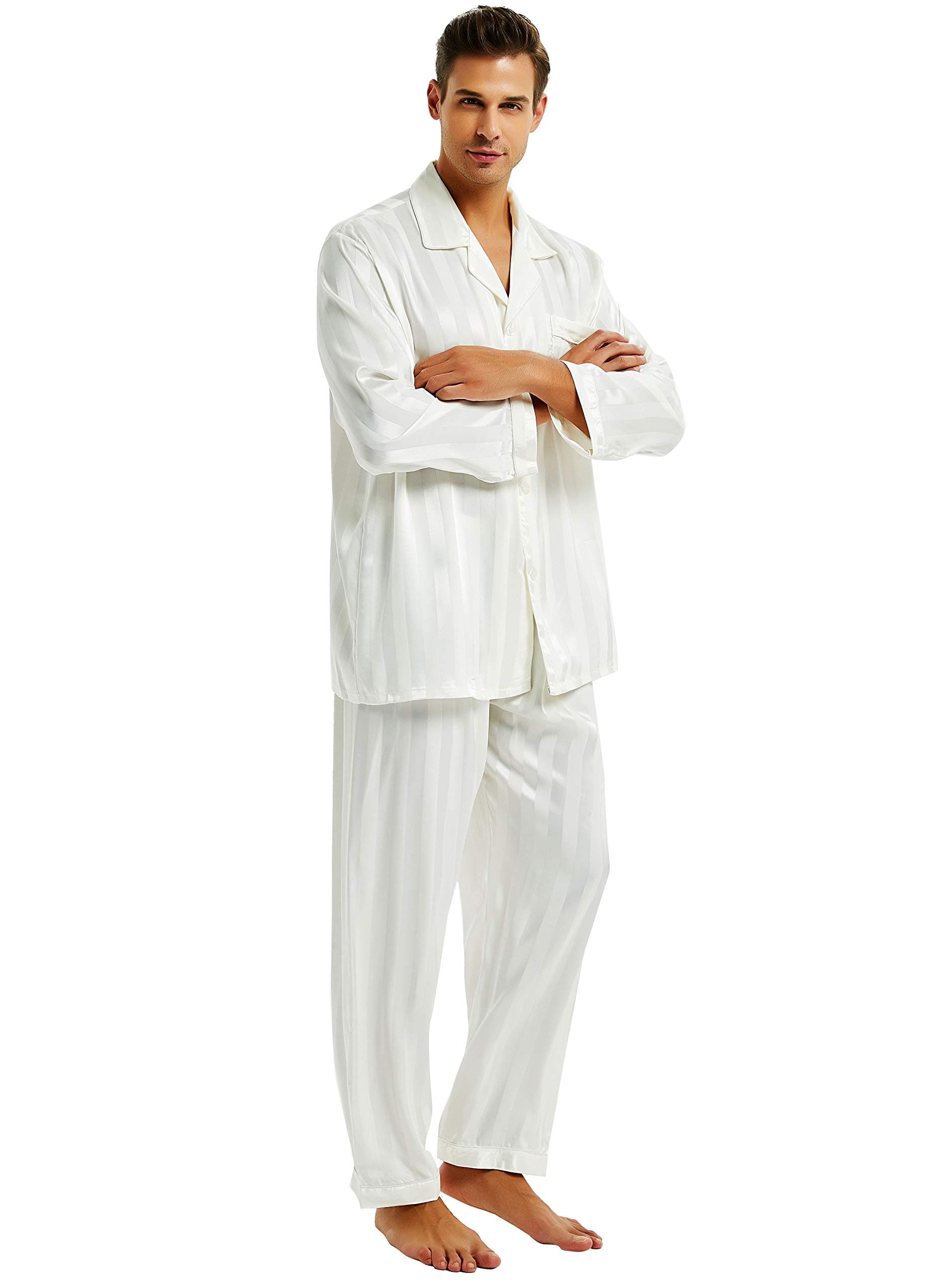 Pajamas Set Mens Silk Satin Pajamas Long Sleeve Loungewear Two-Piece Sleepwear Button-Down Pj Set S-XXXXL