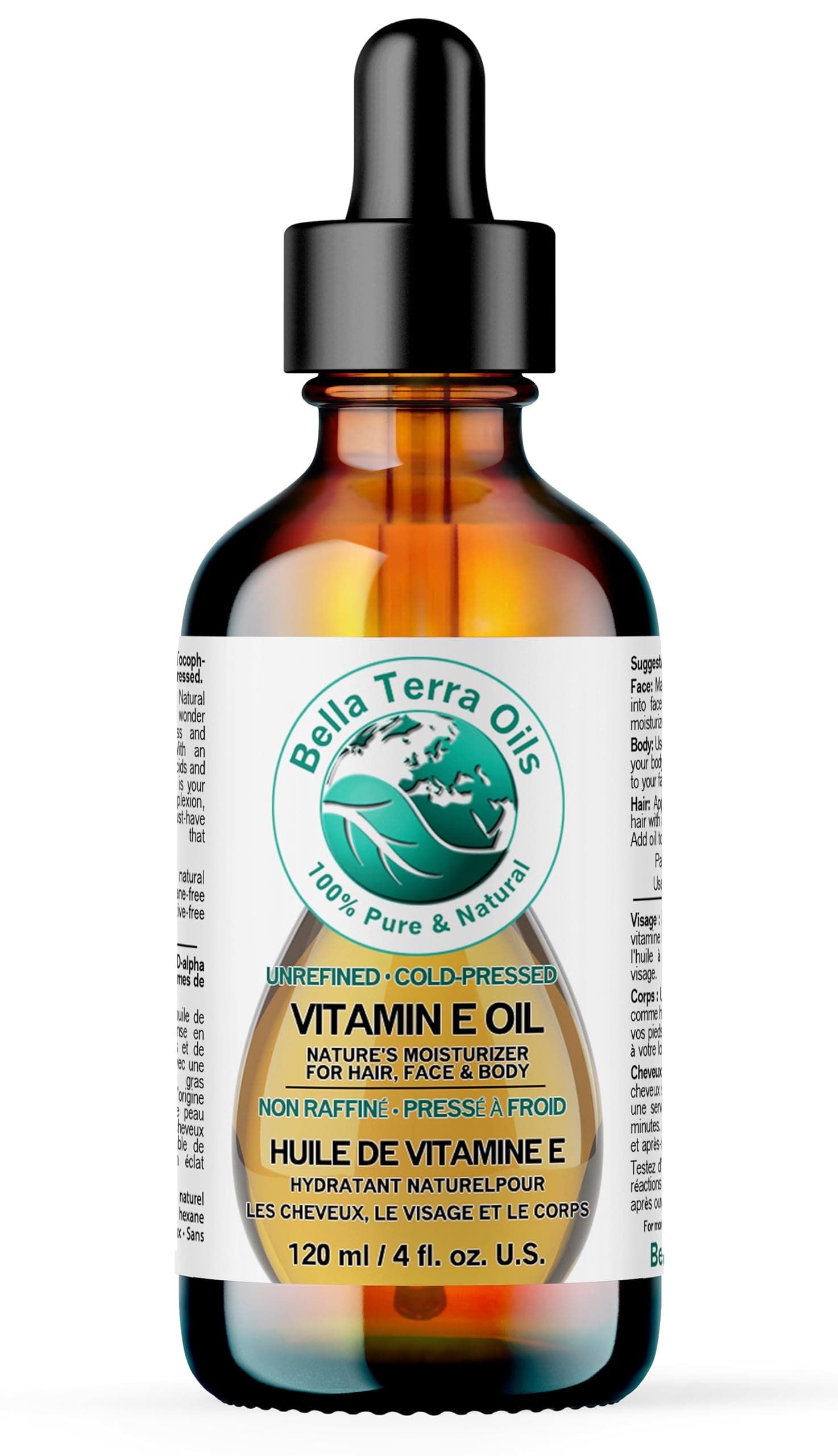 Bella Terra Oils - Organic Vitamin E Oil 4 oz - Strongest Concentration of Natural Organic Vitamin E, D-Alpha Tocopherol Rich, Perfect for Nourishing Your Face and Body