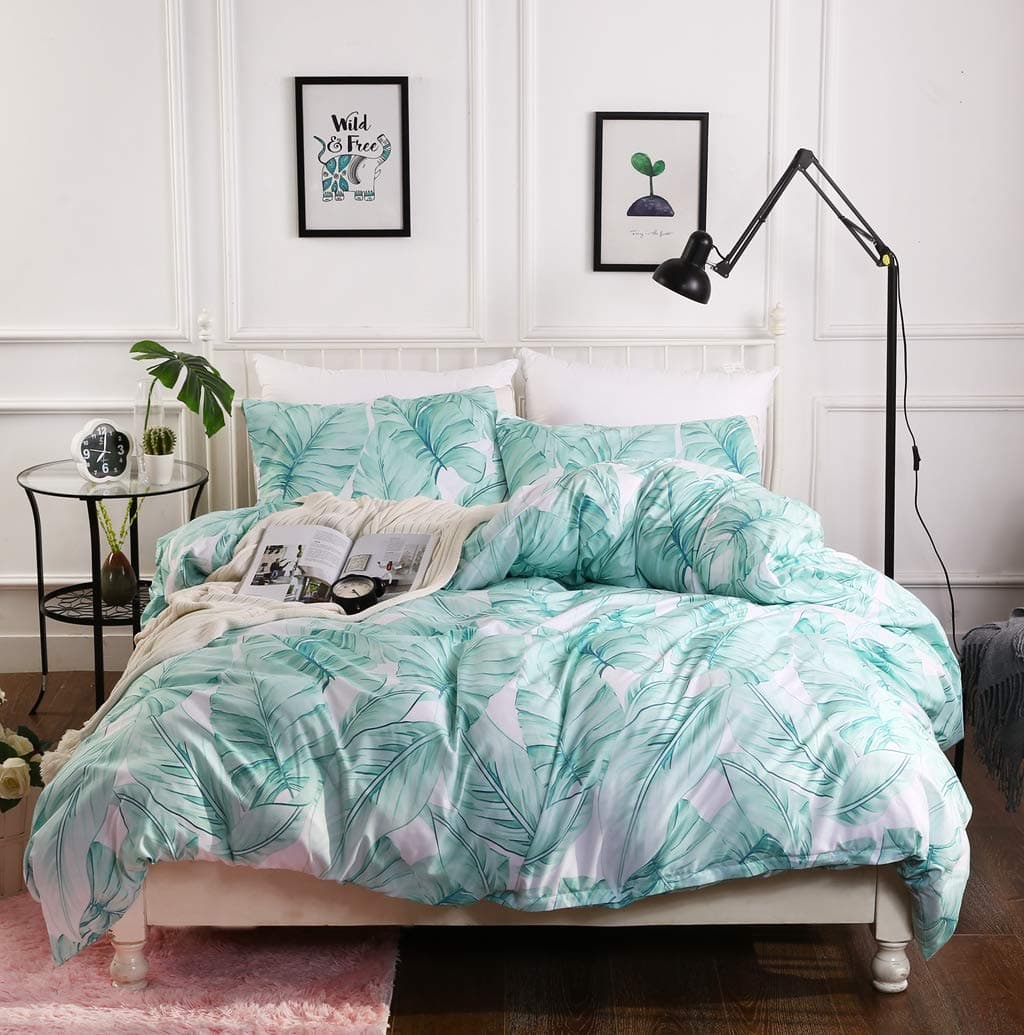 RheaChoice Ins Summer Style Tropical Green Banana Leaf 3 Piece Microfiber Duvet Cover Set with Zipper Closure,Full/Queen (90"x90")-(1 Duvet Cover + 2 Pillow Shams)