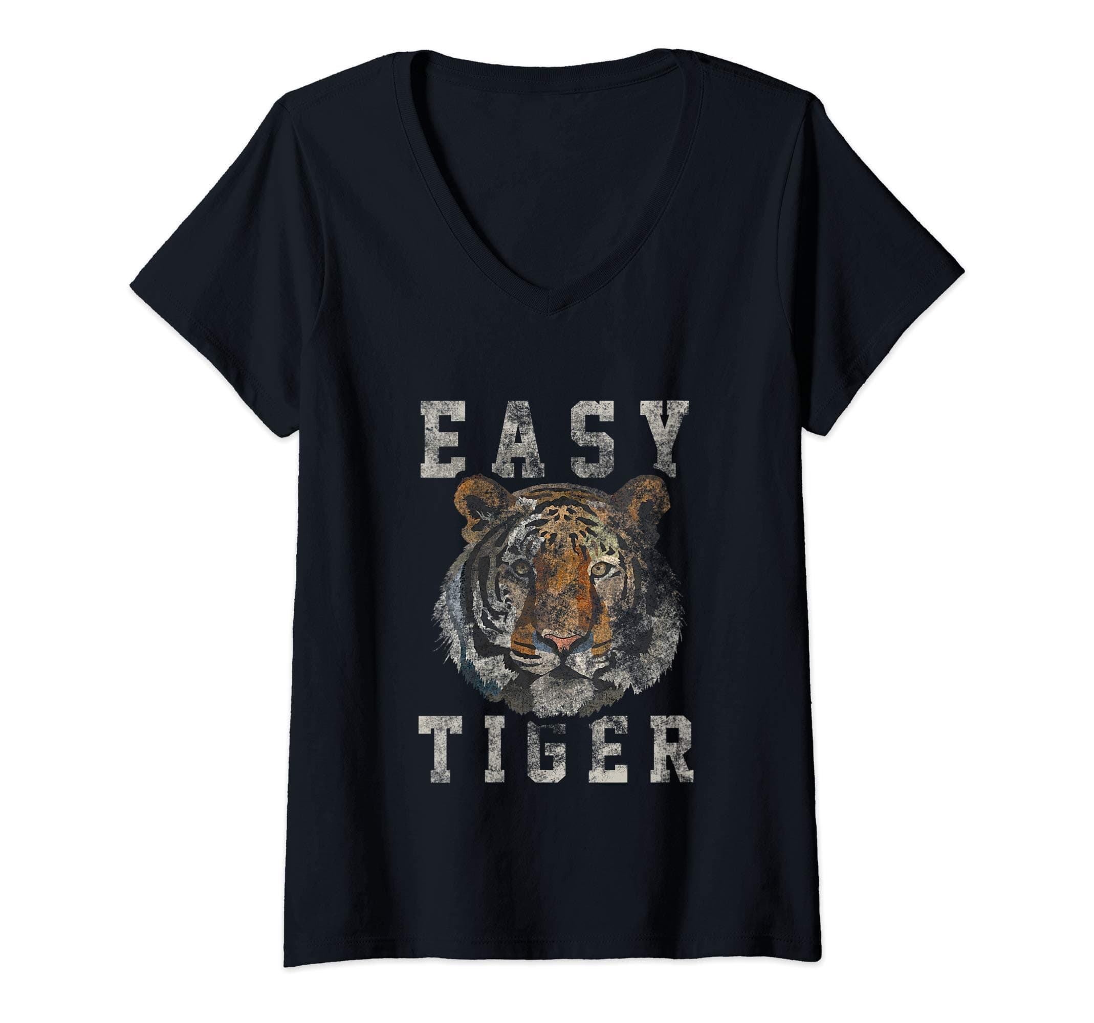 Womens Easy Tiger Distressed Casual-Chic Graphic for Women V-Neck T-Shirt