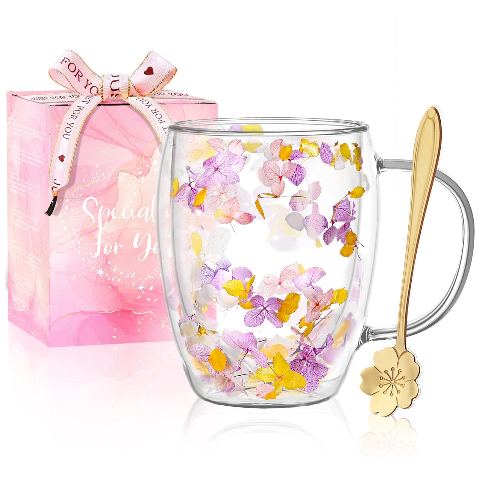Arefen Aesthetic Dried Flowers Double Wall Glass Coffee Mugs Cute Tea Cups with Handles Insulated Heat Resistant Christmas Birthday Gifts for Women Best Friend Teacher Mum Gifts New Home Gift Ideas