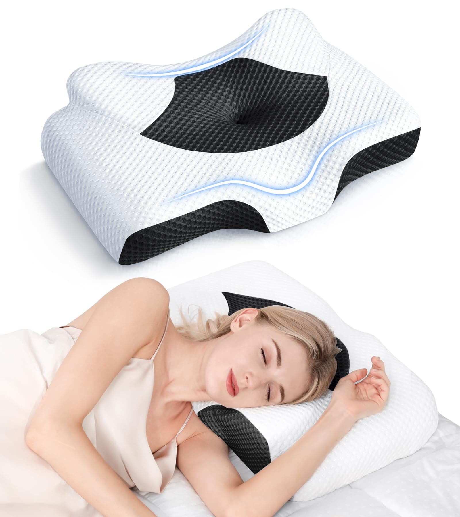 Osteo Cervical Pillow for Neck Pain Relief, Hollow Design Odorless Memory Foam Pillows with Cooling Case, Adjustable Orthopedic Bed Pillow for Sleeping, Support for Side Back Sleepers