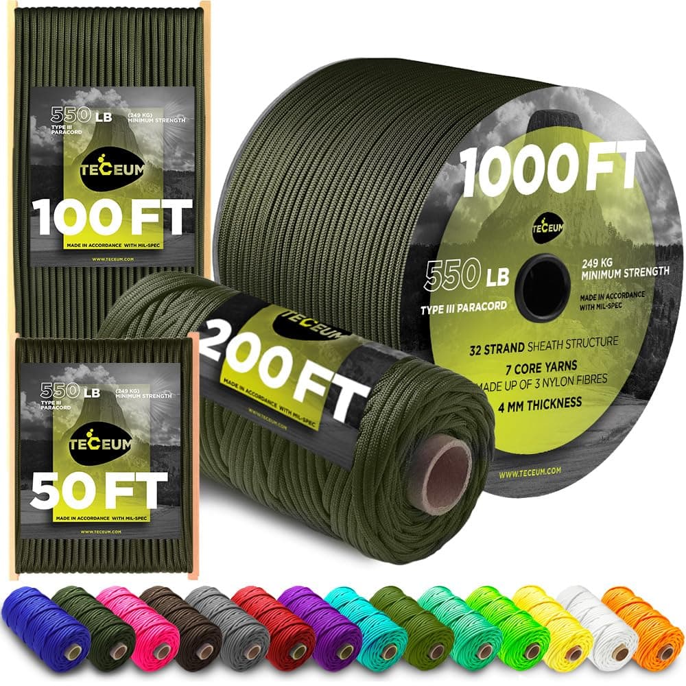 TECEUM 5/32" Paracord Rope 1000 – 1000ft / 200ft / 100ft / 50ft – Tactical Parachute Cord 4mm – 45+ Colors – Nylon String for Survival & Camping Gear – Stripe Cord for Survival – Utility Rope