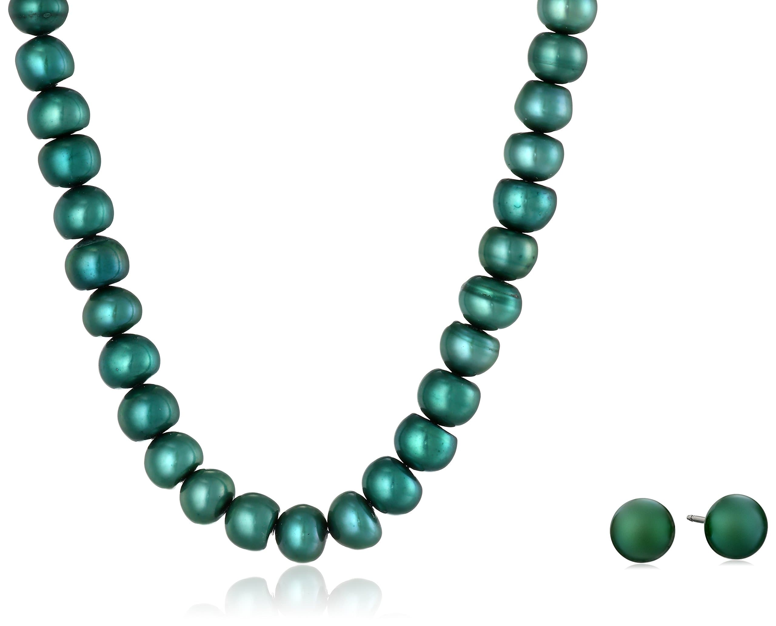 Amazon Collection Freshwater Cultured Button Pearl Necklace and Stud Earrings Set with Stainless Steel Clasp (6-7mm), 18" with 2" Extender