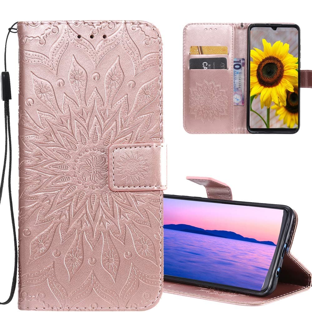 COTDINFORSamsung Galaxy A80 Case PU Leather for Girls Elegant Retro Lucky flowers Shockproof Cover With Card Holder Magnetic lock Slim Case For Samsung Galaxy A90 / A80 Rose Gold Sunflower KT.