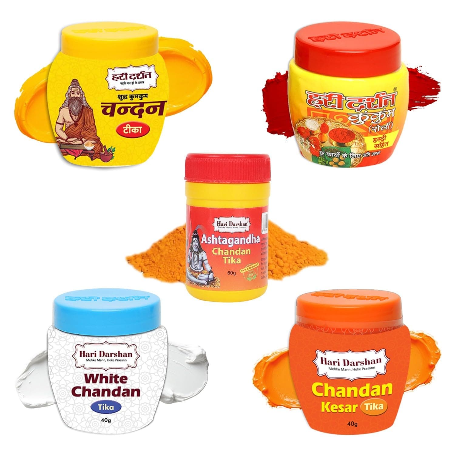 Hari Darshan - Tika Combo - Sandalwood Chandan Kesar Ashtagandha Kumkum Roli White Tika Tilak - Pack of 5
