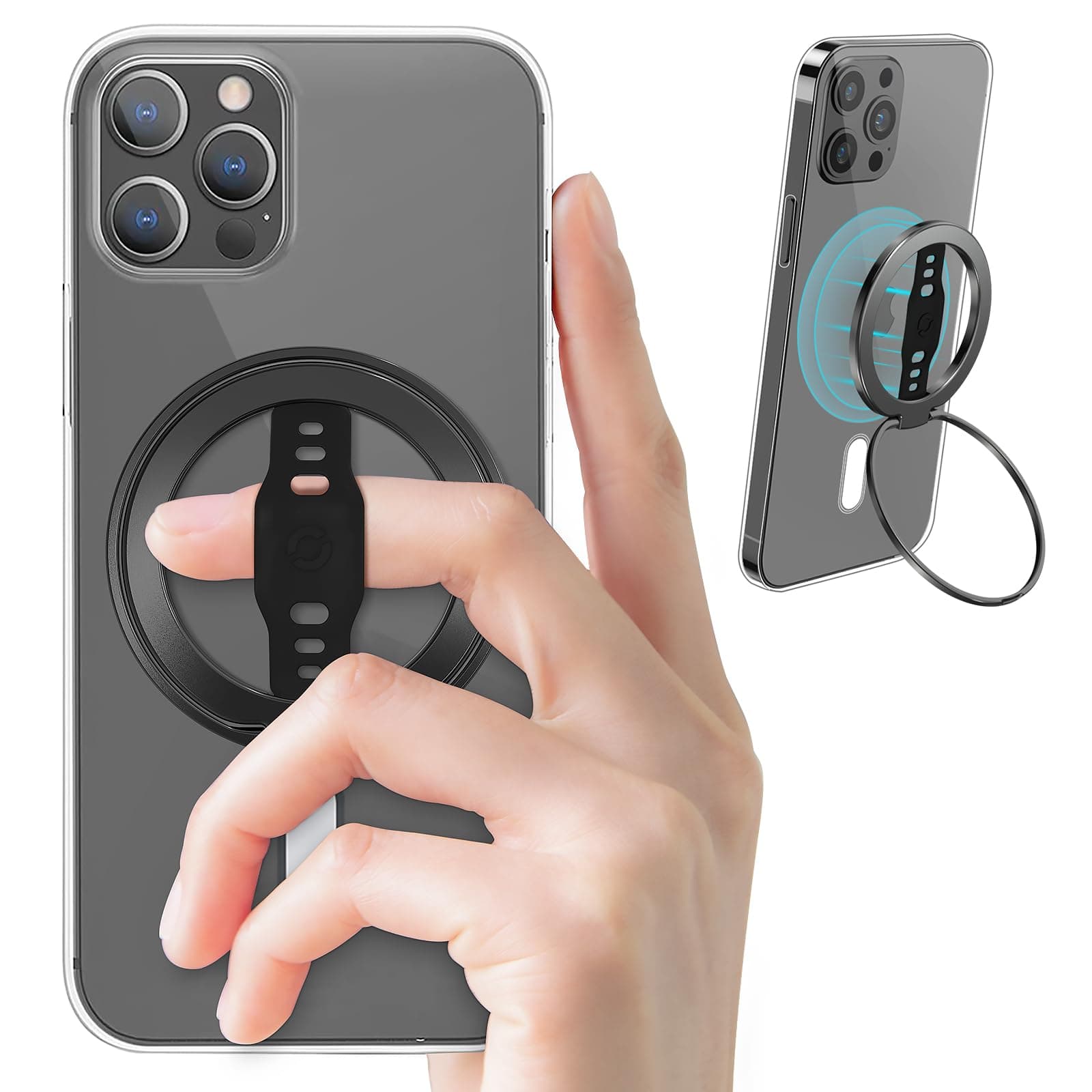 EWA The New MagOne (Upgrade) Compatible with MagSafe Phone Grip Stand with Silicone Finger Strap, Removable Magnetic Ring Holder Kickstand Loop, Only for iPhone 14, 13, 12 Pro/Max/Plus (Black)