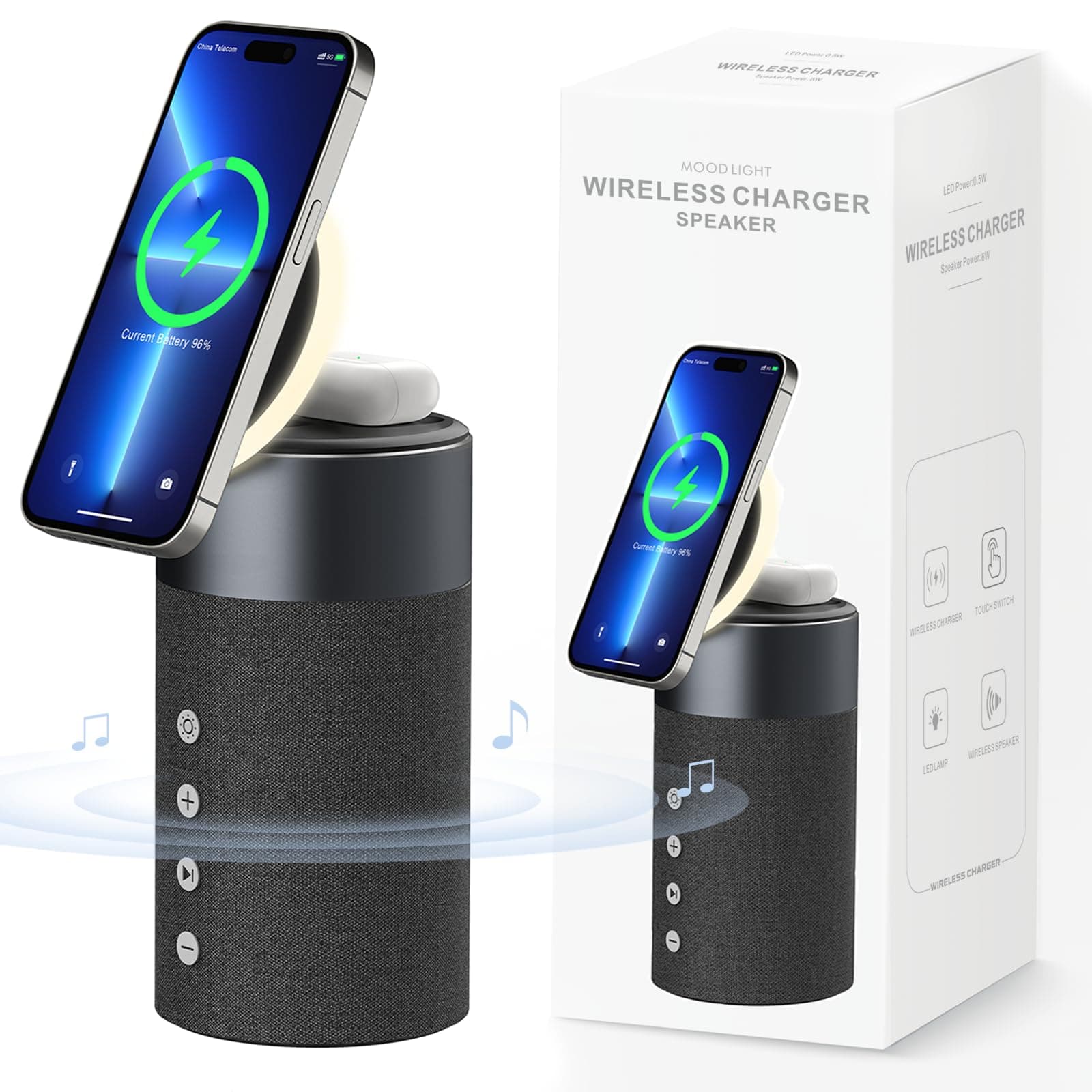 Bluetooth Speaker, Magnetic Wireless Charger, Bluetooth Speakers with Night Light, 2 in 1 Wireless Charging Station for iPhone 17/16/15/14/13/12 Series, AirPods Pro 2/4/3/2（Gift Ideal）(Black)