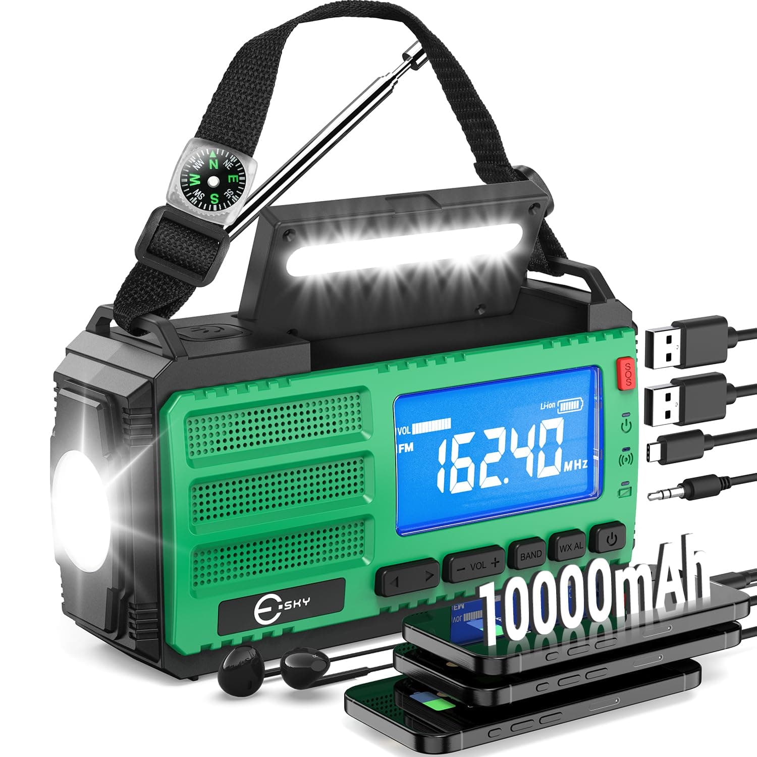 Esky 10000mAh Wind Up Radio, AM/FM Portable Rechargeable Emergency Radio, Flashlight, Reading Lamp, SOS Alarm & Compass, USB/Solar/Hand Crank Charging for Camping, Outdoor, Power Outage, as Gift