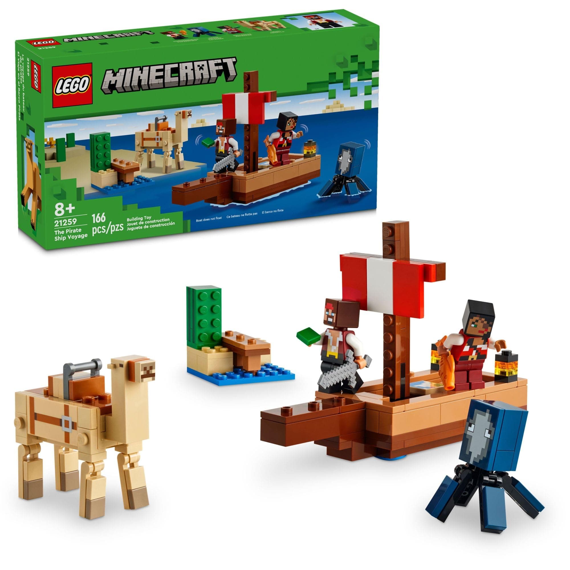 LEGO Minecraft The Pirate Ship Voyage, Boat Toy Playset for Kids with Squid, Camel and Pirate Figures, Toy Building Set for Action Role-Play, Minecraft Gift for 8 Year Old Boys and Girls, 21259