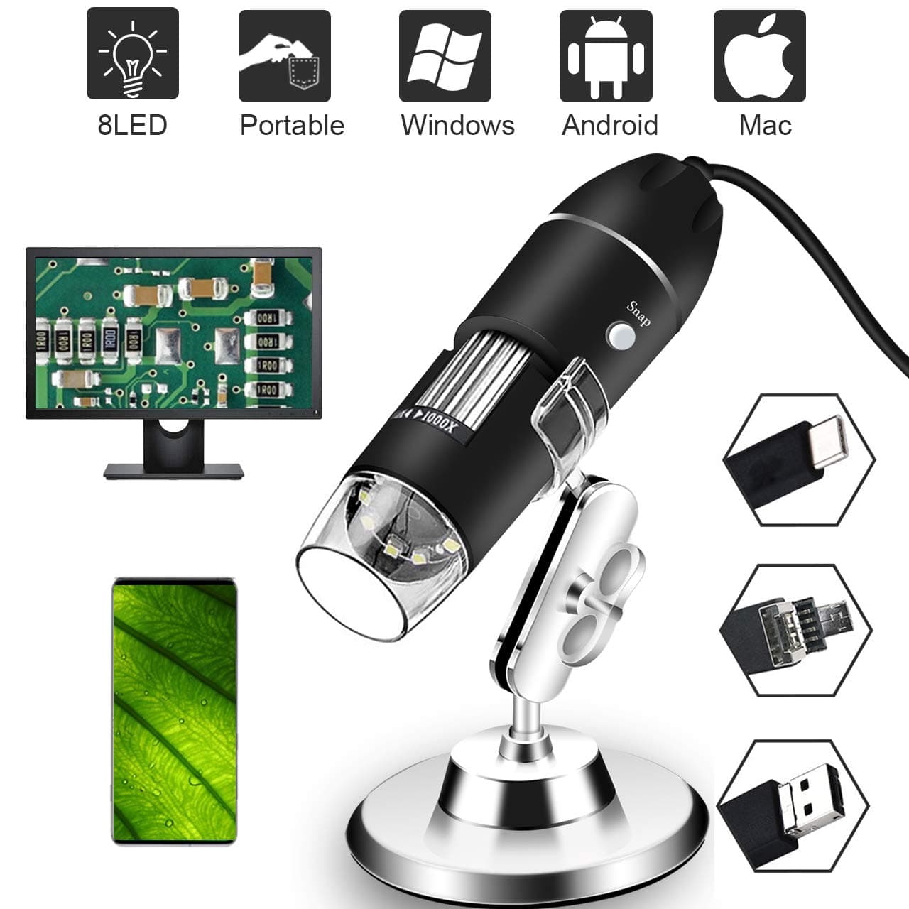 Digital USB Microscope 40X to 1000X, 8 LED Magnification Mini Handheld Endoscope Camera with Stand, Compatible with Windows 7 8 10 Android Mac Linux