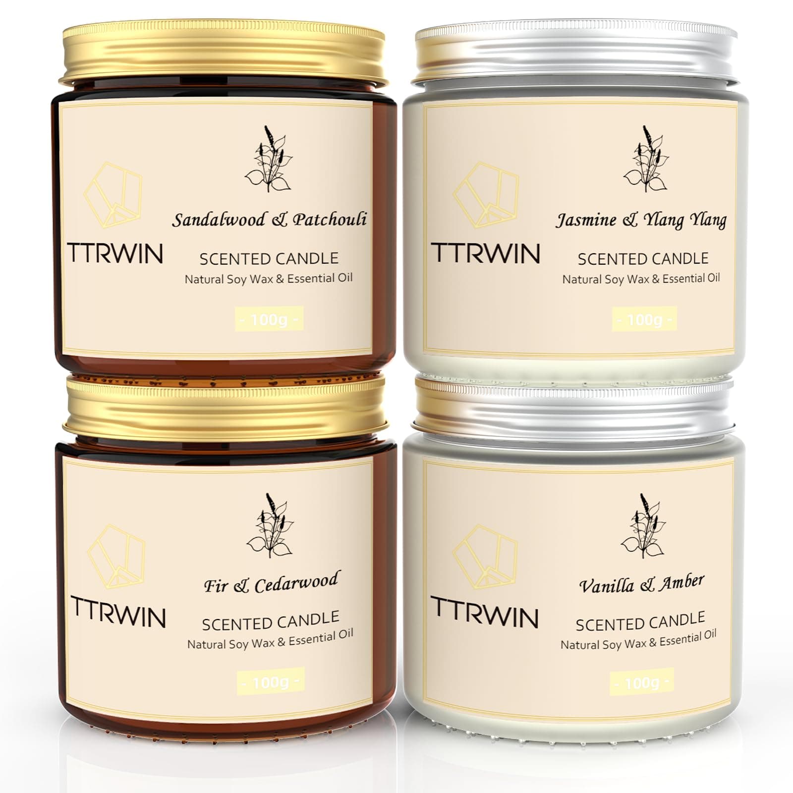 TTRWIN Scented Candles Gift Set, 4 Pack Natural Soy Candles: Jasmine & Ylang Ylang, Sandalwood & Patchouli, Fir & Cedarwood, Vanilla & Amber, Aromatherapy Gift for Christmas Birthday Mother's Day