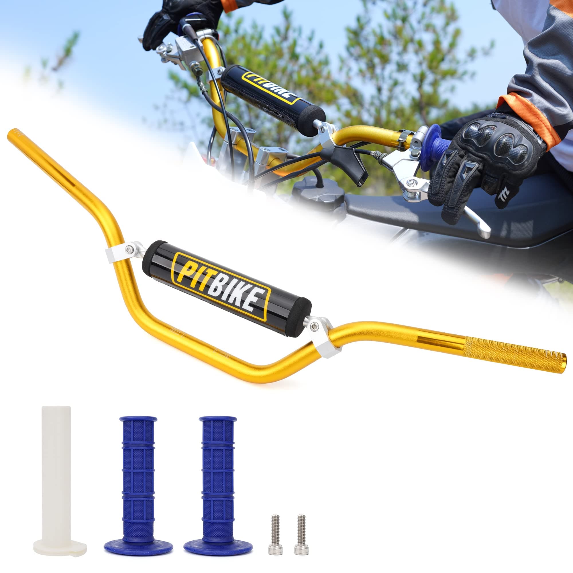 Wingsmoto Motorcycle 7/8" 22MM Handlebar Gold Handle Bar + Foam Pad + Blue Grips Compatible with CRF YZF KXF KLX RMZ DRZ Pit Dirt Bike Motocross