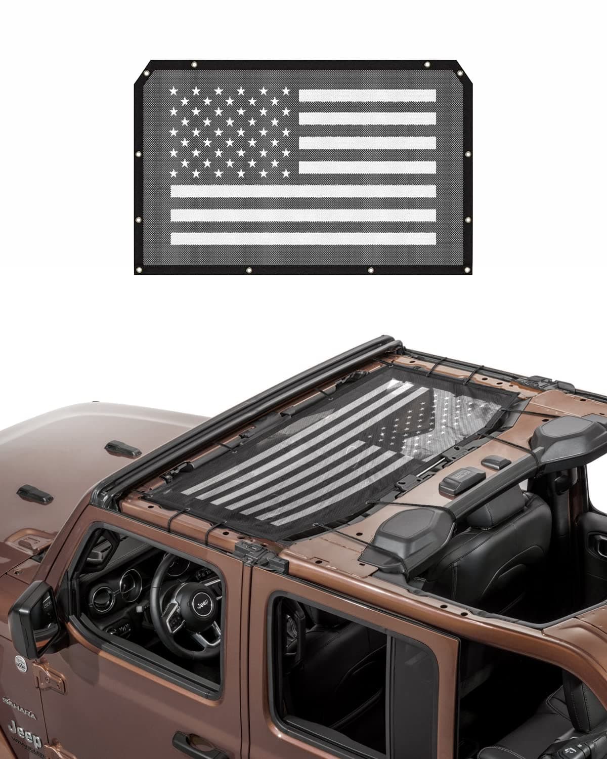 Sunshade Bikini Top Soft Top Mesh Shade Cover Sun UV Protection Modification Accessories for Jeep Wrangler 2018-2019 JL JLU 2020 Jeep Gladiator JT 2-Door and 4-Door (Black and White American Flag)