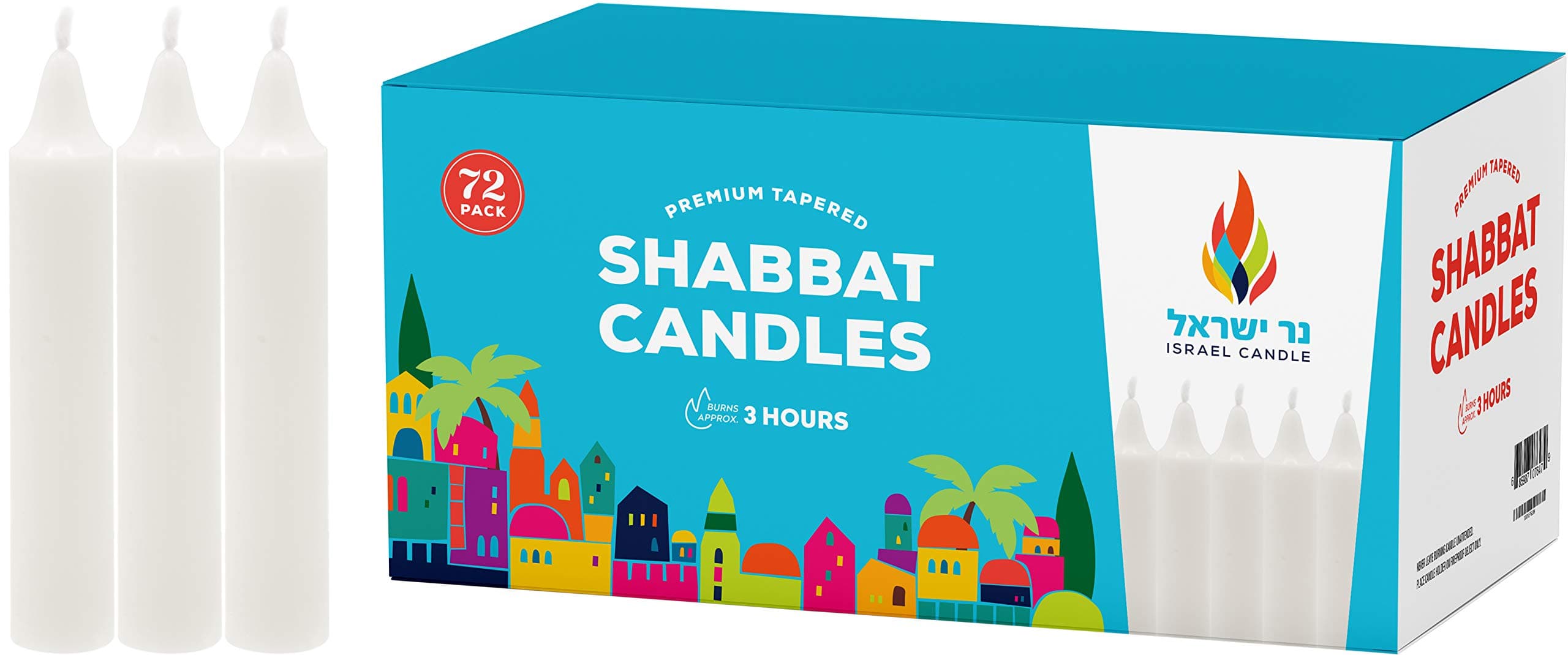 Shabbat Candles - 72 White Taper Candles - Shabbos Candles by Israel Candle 3 Hr. - 72 Ct.