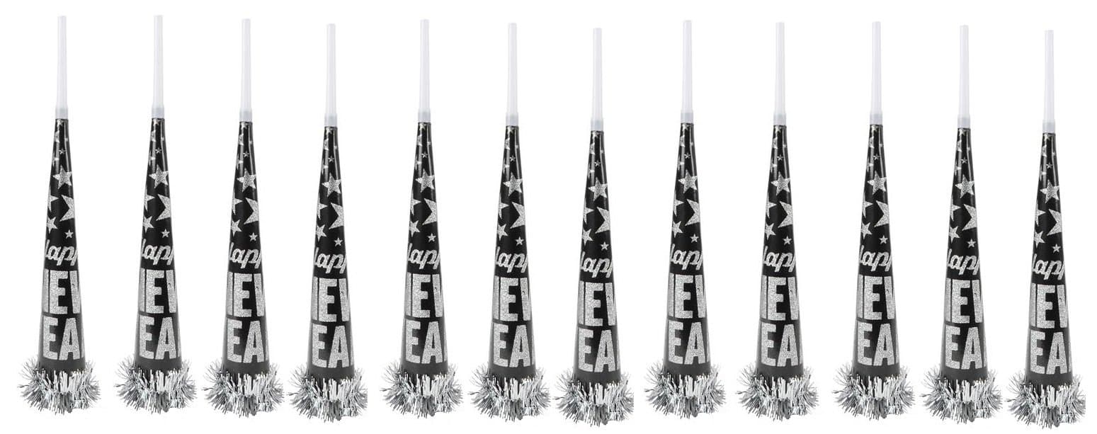 New Year Eve Xtra Large Foil Party Horns - 12 Pack