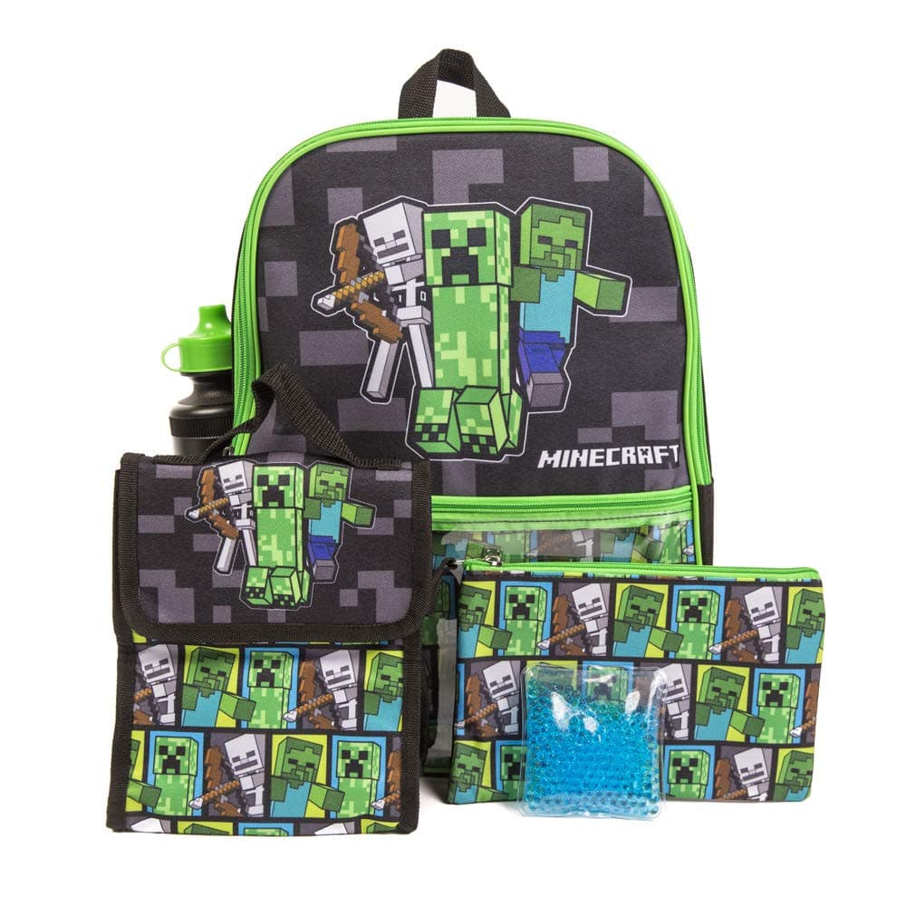 BIOWORLD Unisex Minecraft 5-Piece School Backpack Set (Little Kid/Big Kid), Green, One size