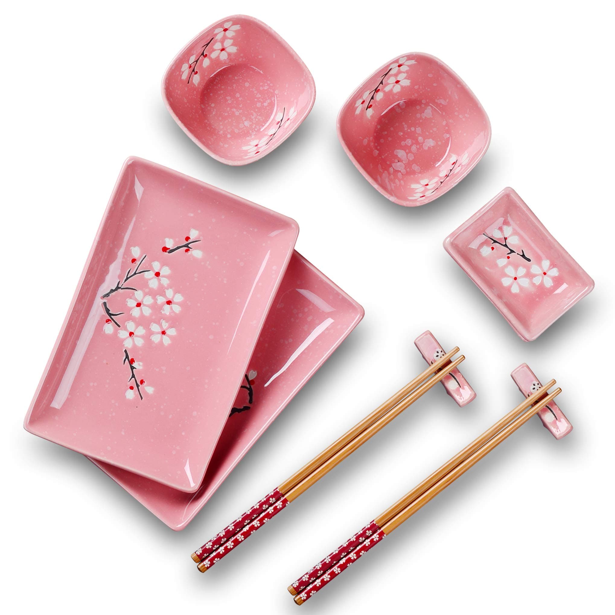 Panbado 10 pcs Sushi Plate Set, Porcelain Sushi Sets Japanese Style, Gift Box Include 2 X Sushi Plates, 2 X Bowls, 2 X Dip Bowls, 2 X Chopstick Rest, 2 Pairs of Bamboo Chopsticks. Pink