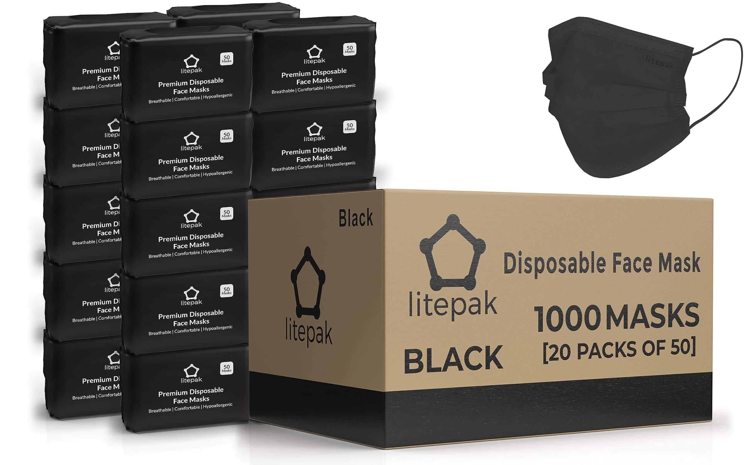 Litepak - 1,000 PCS - Disposable Face Masks for Home & Office - Breathable & Comfortable Filter (Black)