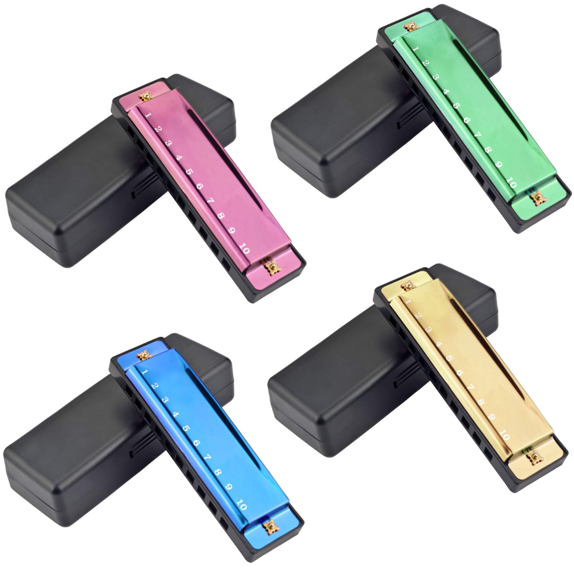 4PCS Key of C 10 Hole 10 Tones Titanium Color Harmonica with Case for Beginner Students Kids（Gold, Purple, Green, Blue）