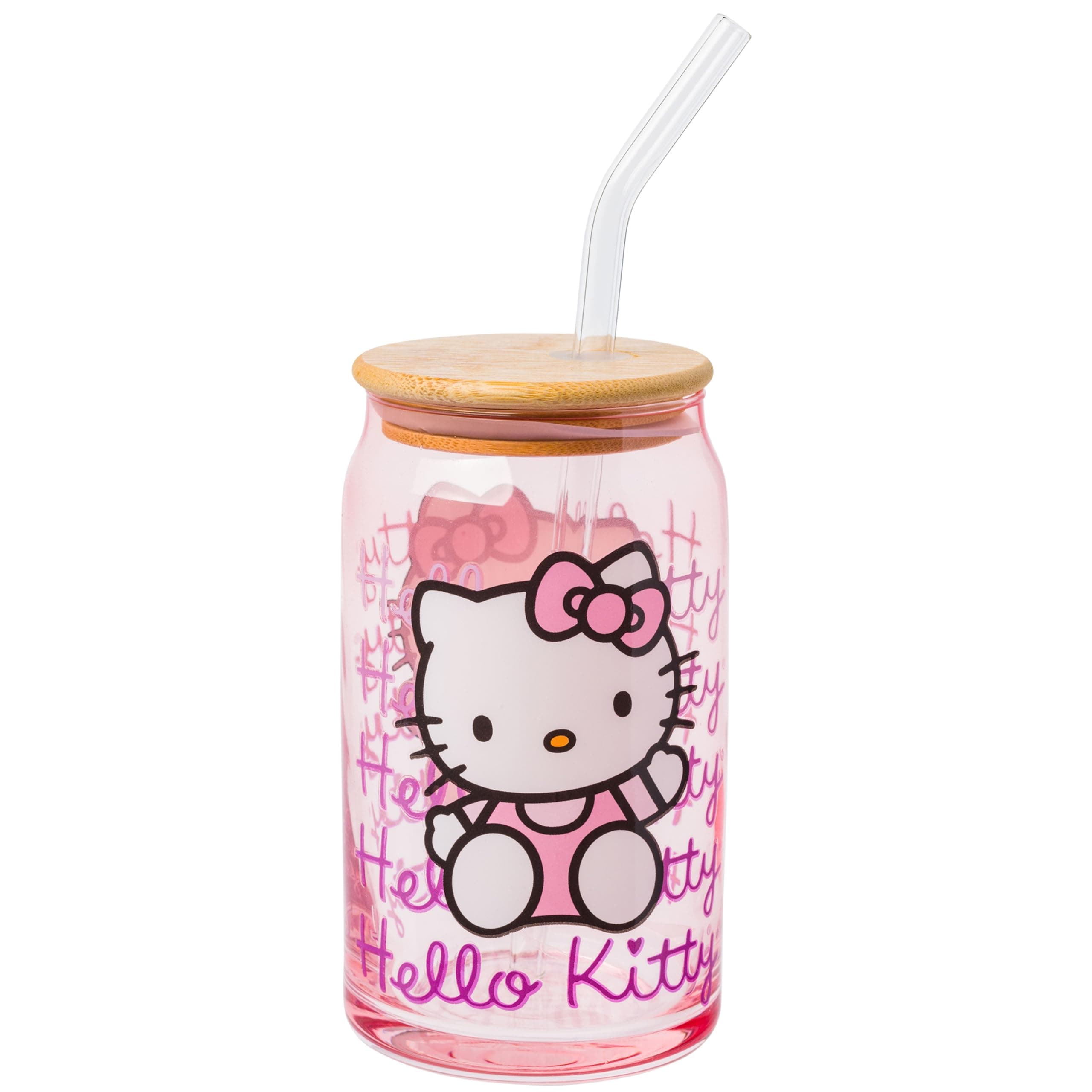 Silver Buffalo Hello Kitty Gradient 16oz Glass Tumbler w Bamboo Lid and Glass Straw