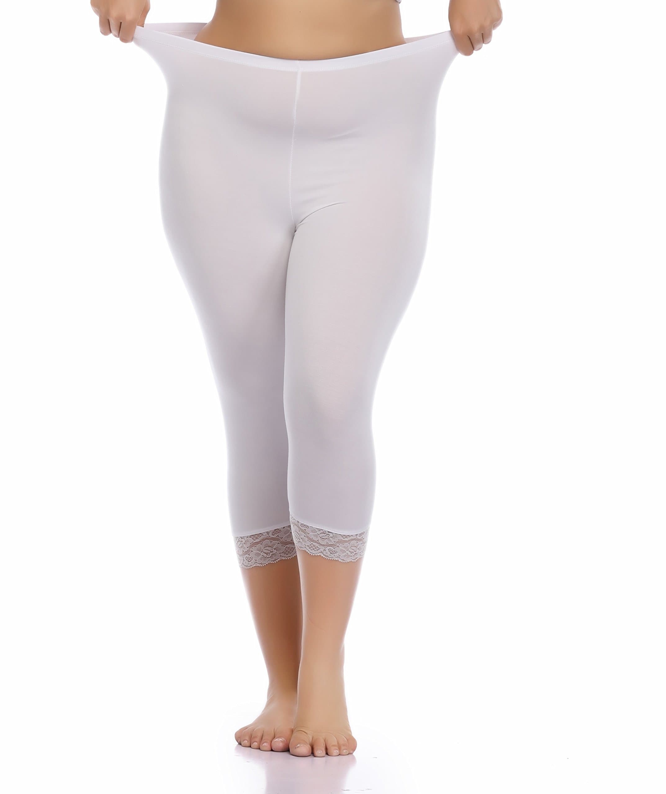 Women's Plus Size Lace Trim Capri Leggings Stretch Crop Leggings Soft Workout Yoga Tights Pants