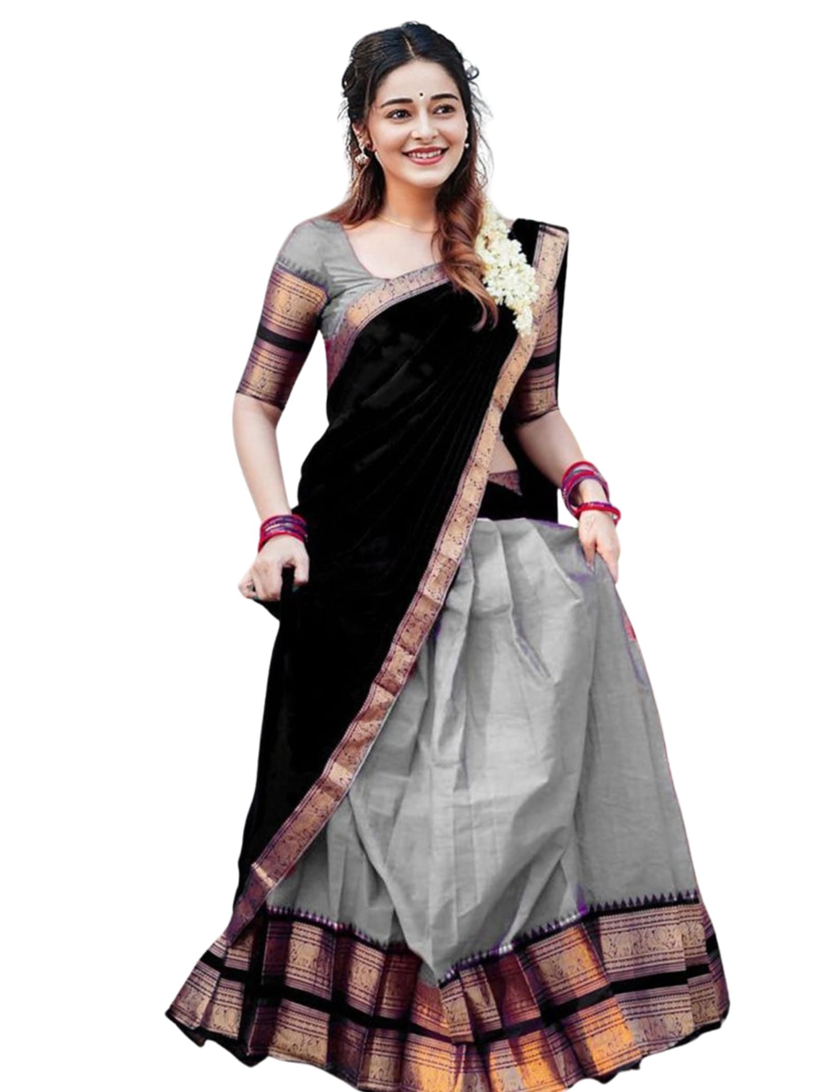 Women's Indian Traditional Unstitched Kanjivaram Kanchipuram Silk Pure Zari Weaving Lehenga Choli Along With Dupatta Attach With Unstitch Blouse Piece, Half Saree (HT143)