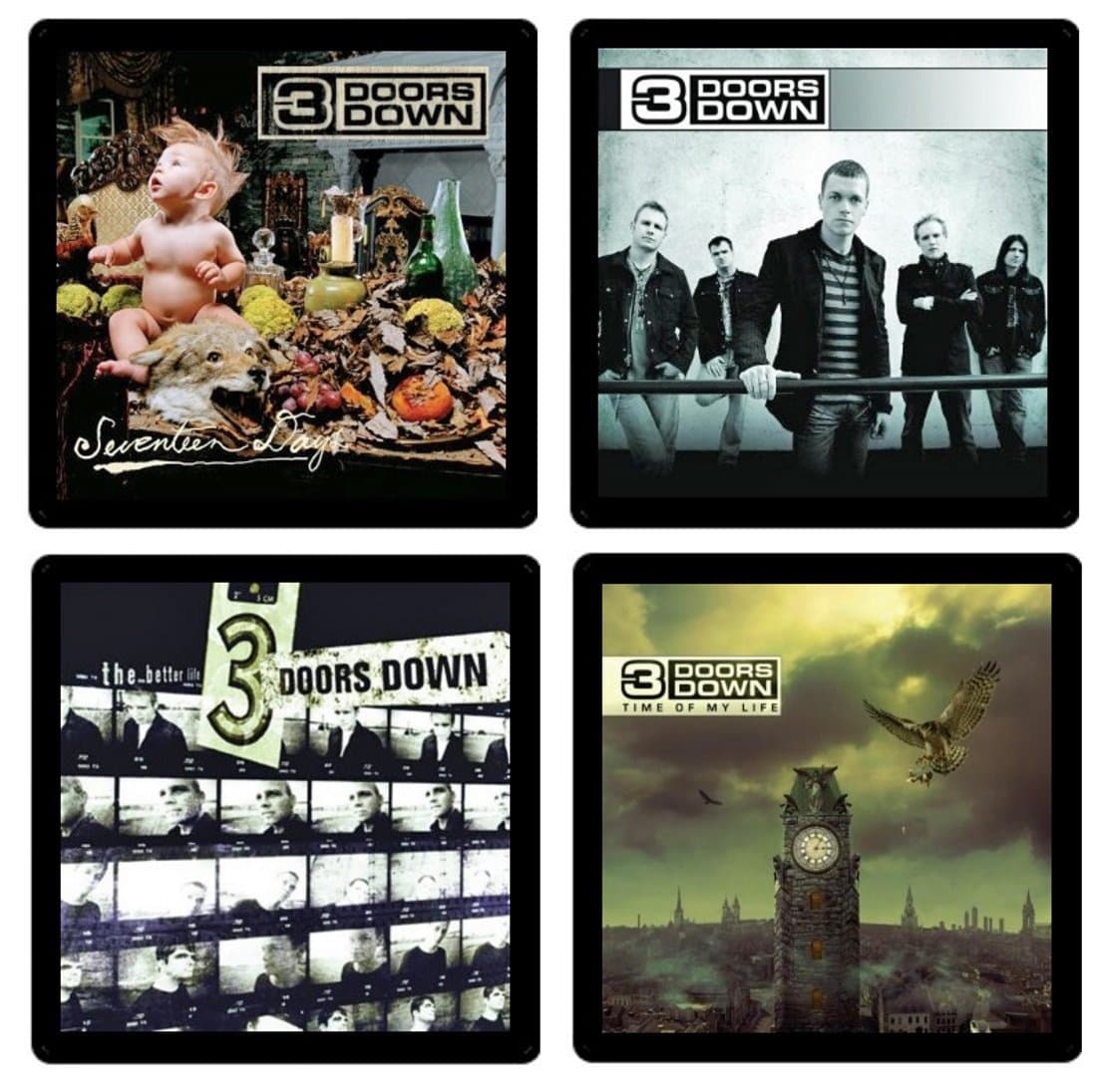3 (Three) Doors Down - Coaster Collection- (4) Different Album Covers Reproduced Onto Soft, Absorbent, Collectible Coasters - by N2Pics