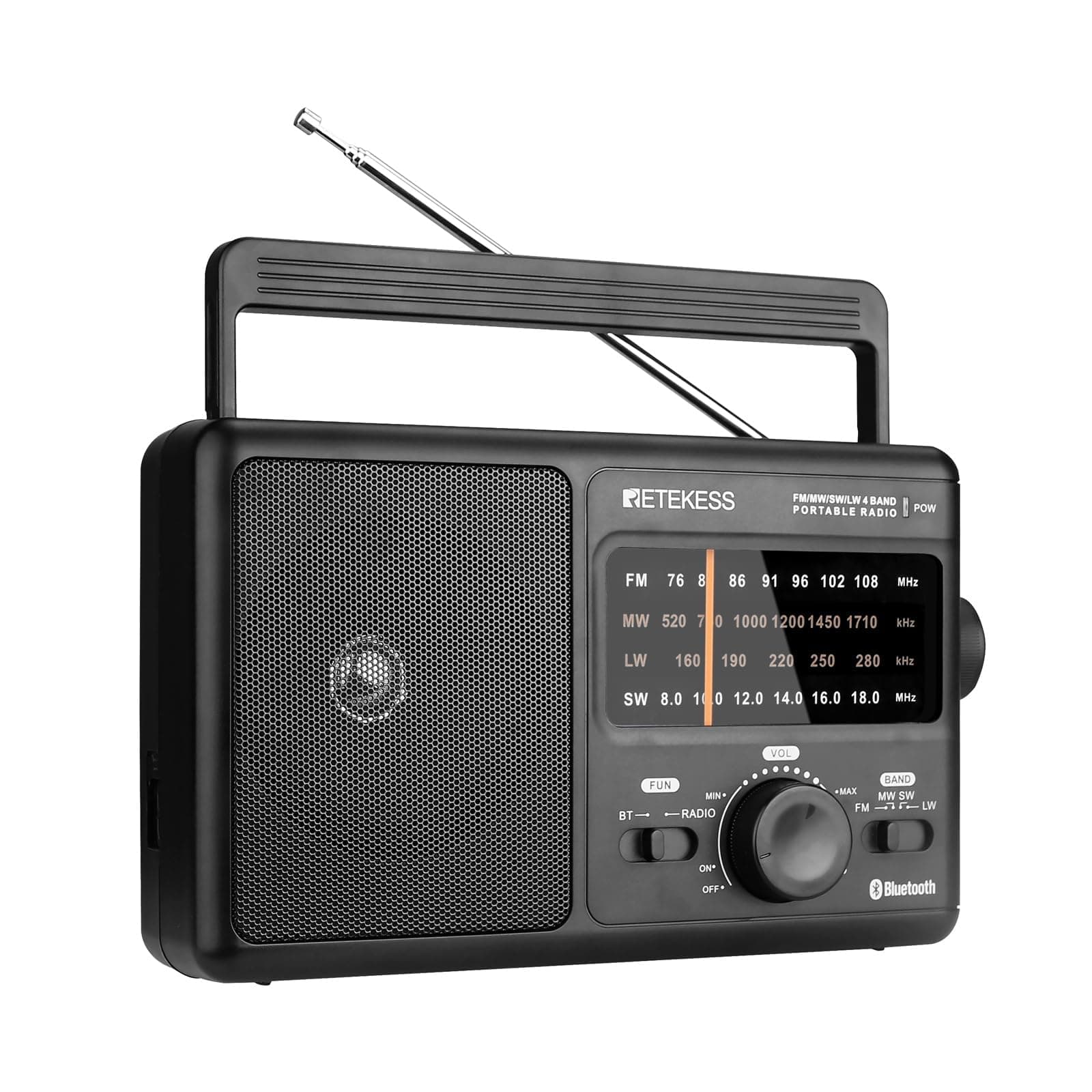 Retekess TR626 Portable Radio Bluetooth, FM AM LW Shortwave Radio, World Band Radio Mains Powered, Battery Operated, Big Speaker, for the Elderly (Black)