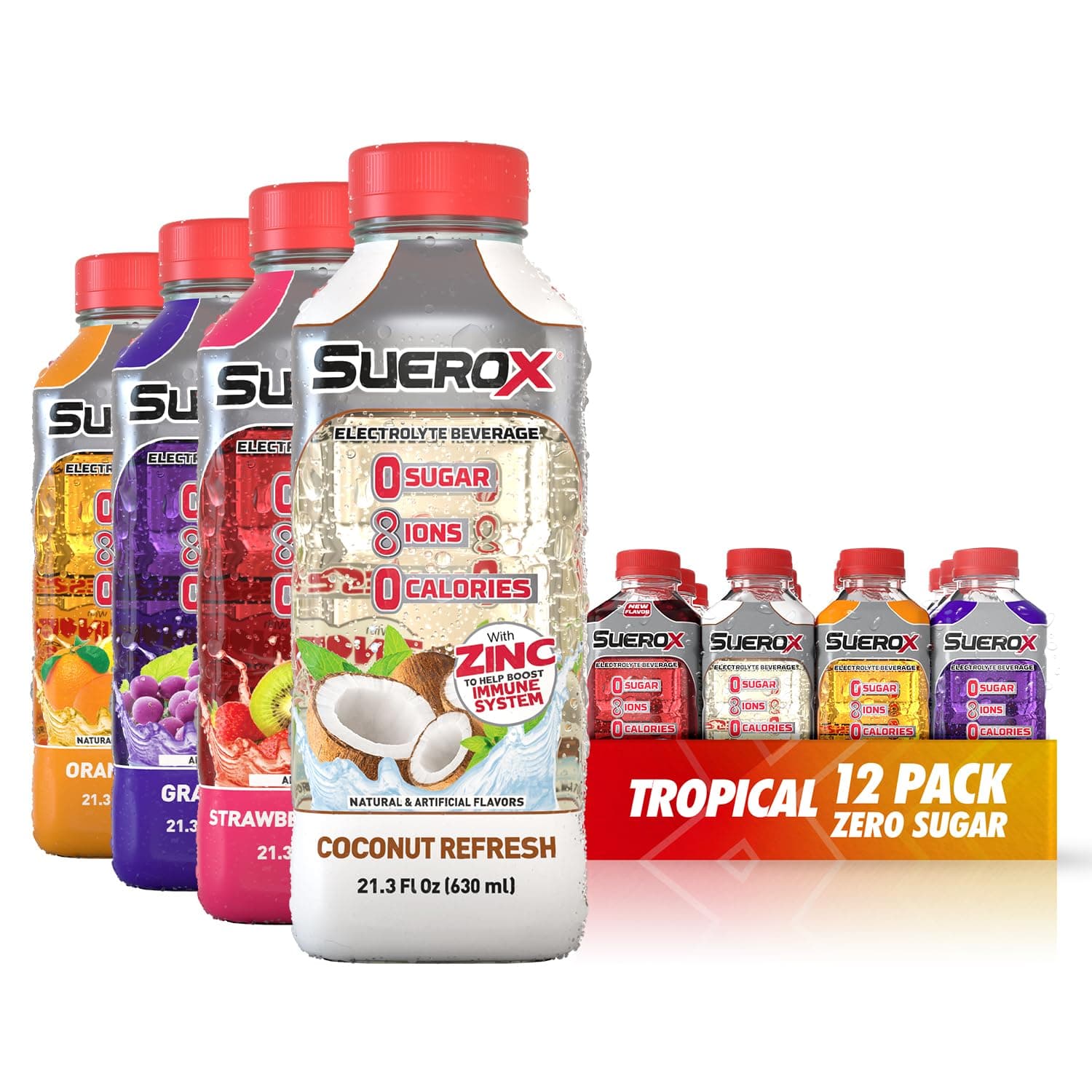 SueroX Zero Sugar Electrolyte Drink for Hydration and Recovery, Unique Blend of Electrolytes & 8 Ions, Zero Calorie Sports Drink, 21.3 Fl Oz, Tropical Pack, 12 Count