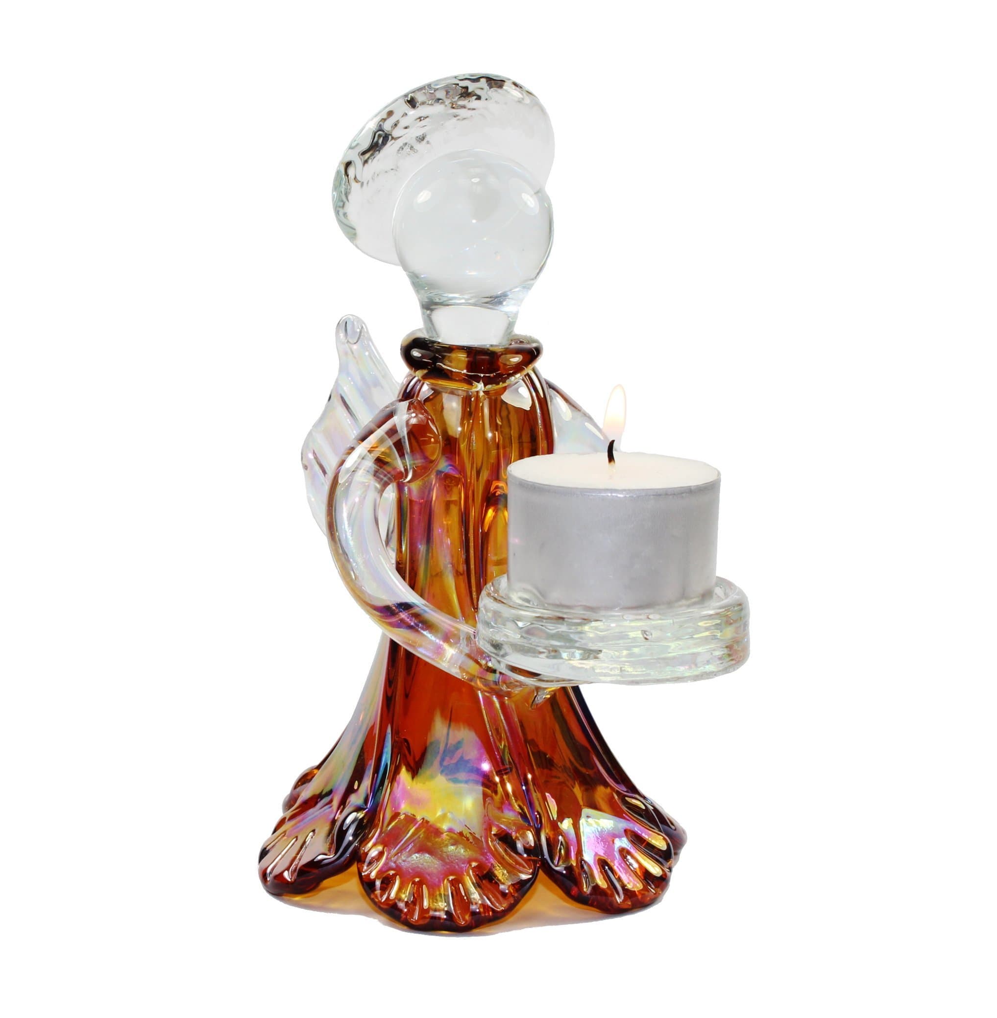 Tall Glass Angel Tealight Holder with Pearlescent Finish in Amber
