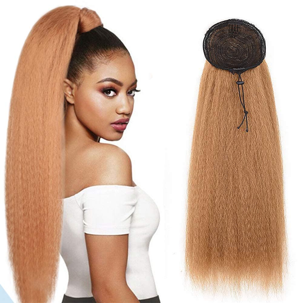 Alileader Kinky Curly Drawstring Ponytail - 22 Inch Drawstring Ponytail Extension Kinky Straight Long Ponytail Hair Extension Synthetic Yaki Drawstring Ponytail Extensions Hair Pieces for Women(27#)