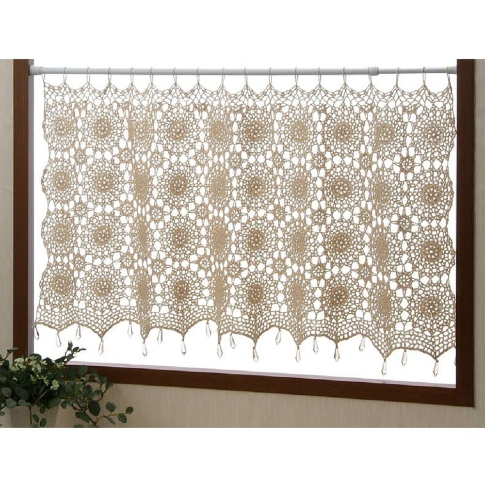 CLAIRER The Cafe Curtain with Handmade Crochet Knitting Transparent Beads 100~50cm Beige Cotton 100%