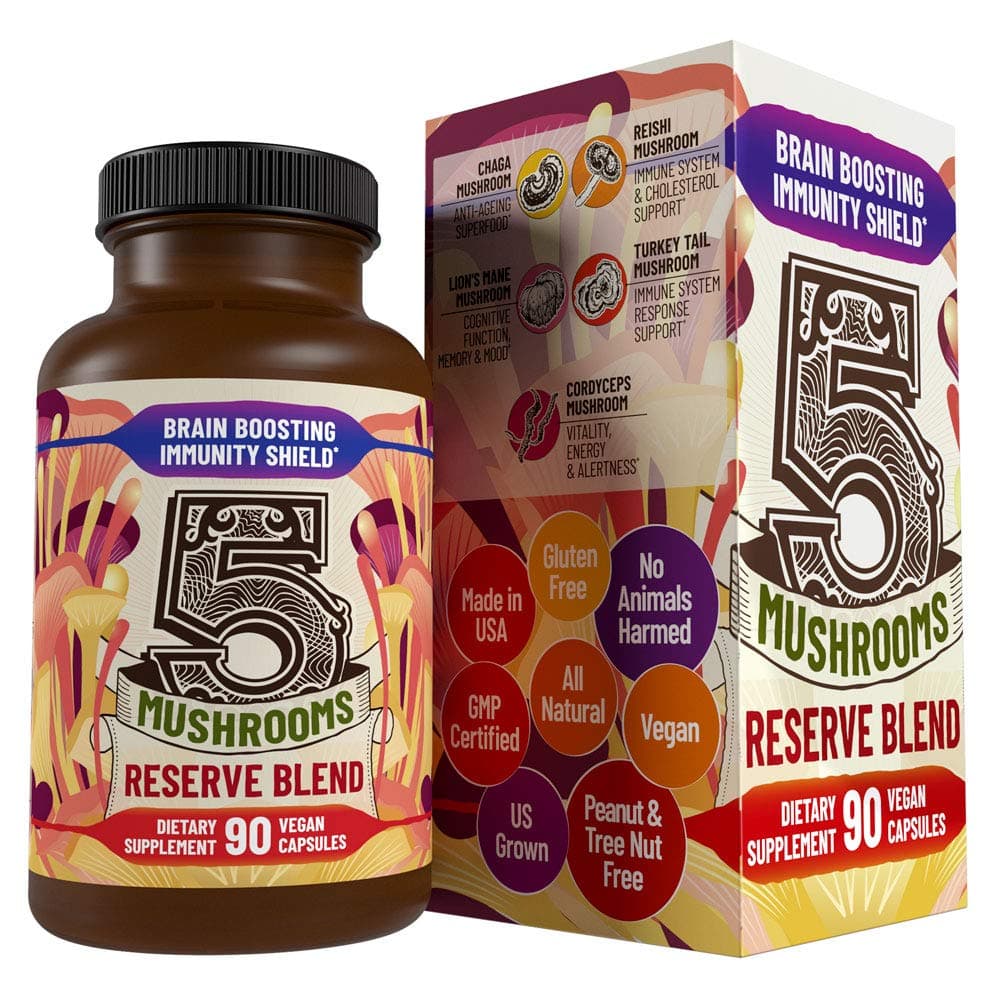 5 Mushrooms Reserve Blend Mushroom Supplement - Lions Mane, Turkey Tail, Reishi, Chaga, Cordyceps - Immune System, Brain, Cognition, Energy, Mood Support