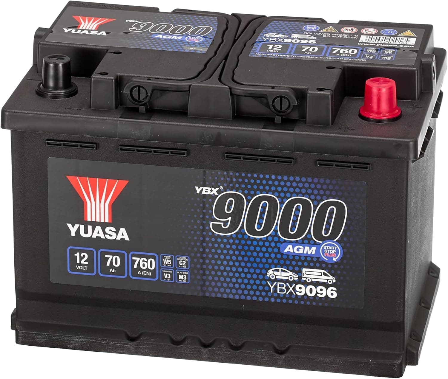 Yuasa YBX9096 12V 70Ah 760CCA AGM Start Stop Plus Car Battery