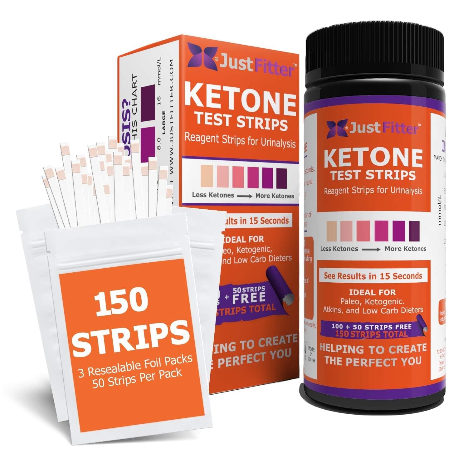 Just Fitter Ketone Test Strips - Accurate 150 Keto Test Strips for Ketosis Testing - Instant 15 Second Results for Ketogenic Diet