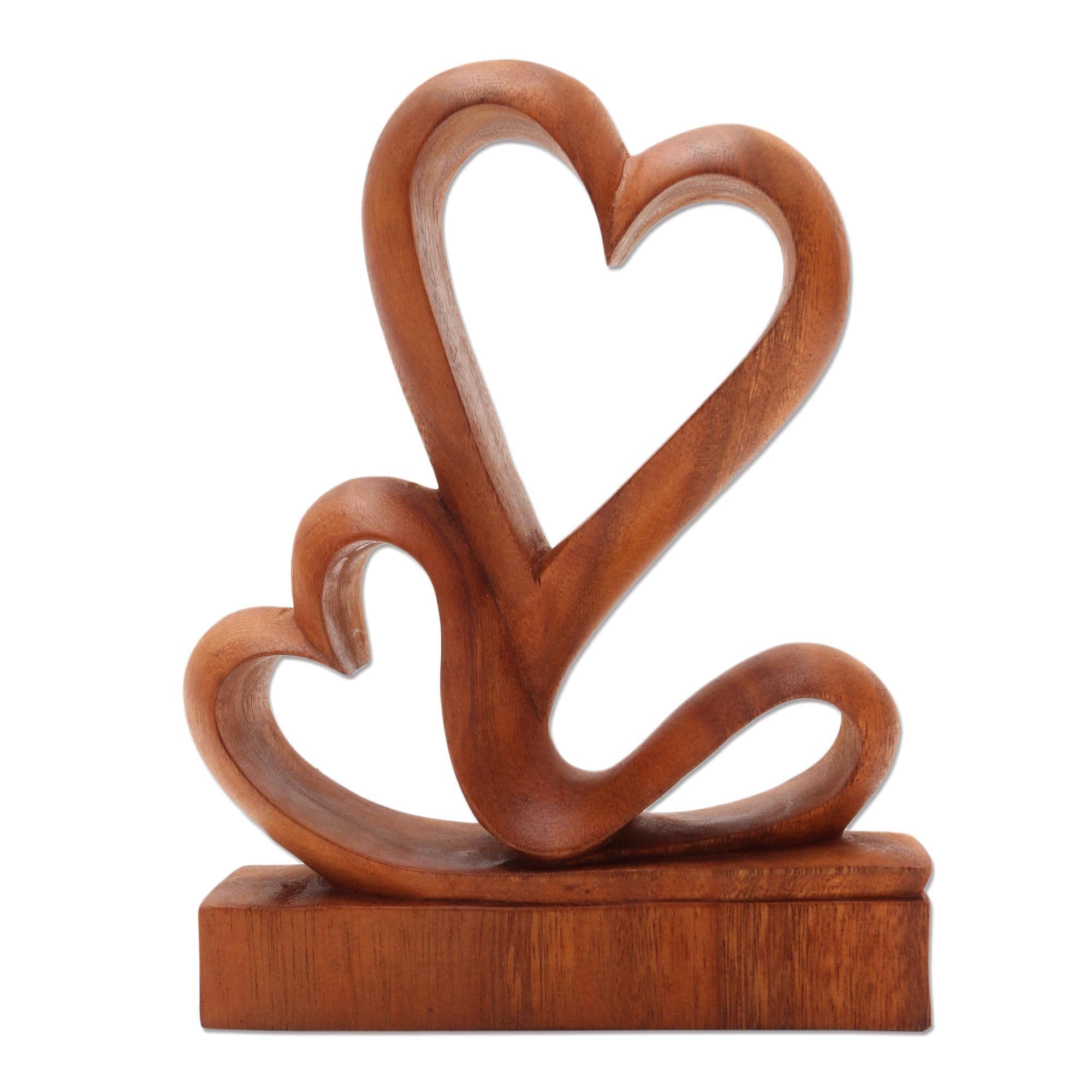 NOVICA Heart Shaped Natural Brown Romantic Love Suar Wood Sculpture, 7.75" 'Two Hearts'