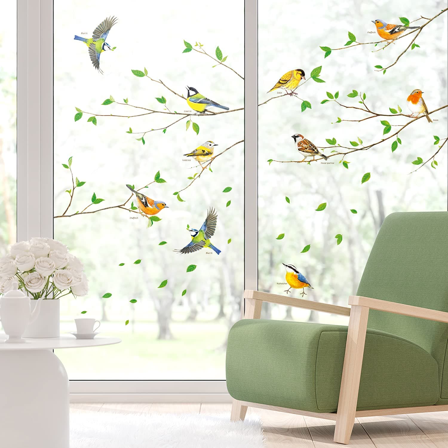 DECOWALL SG-2111 Green Tree Branch Wall Stickers Garden Birds Decals Removable for Nursery Bedroom Living Room Art Home décor Background Decoration