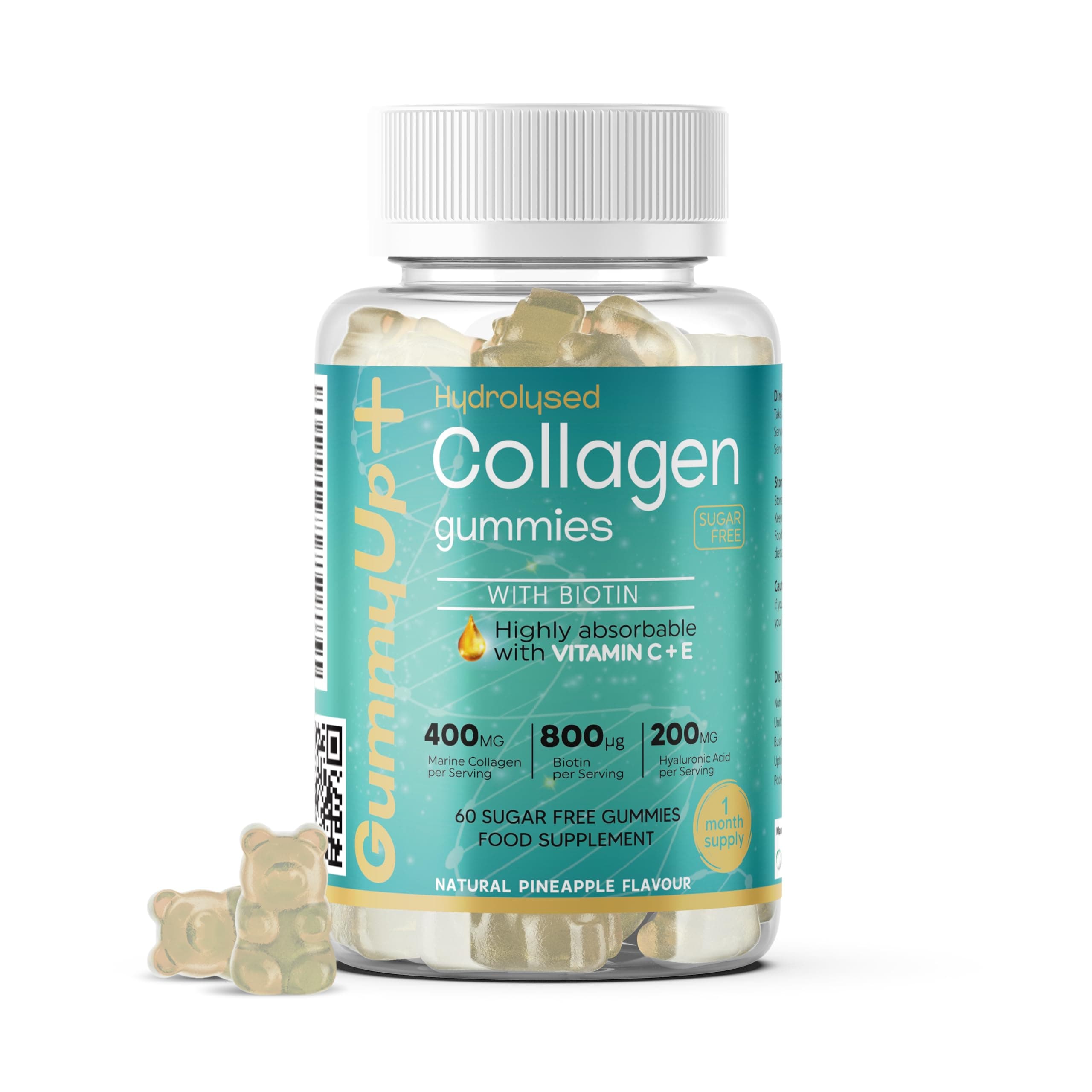 Hydrolysed Collagen Gummies with Biotin + Oral Hyaluronic Acid | Highly Absorbable with Vitamin C+E | 60 Sugar Free Natural Pineapple Flavoured Gummies