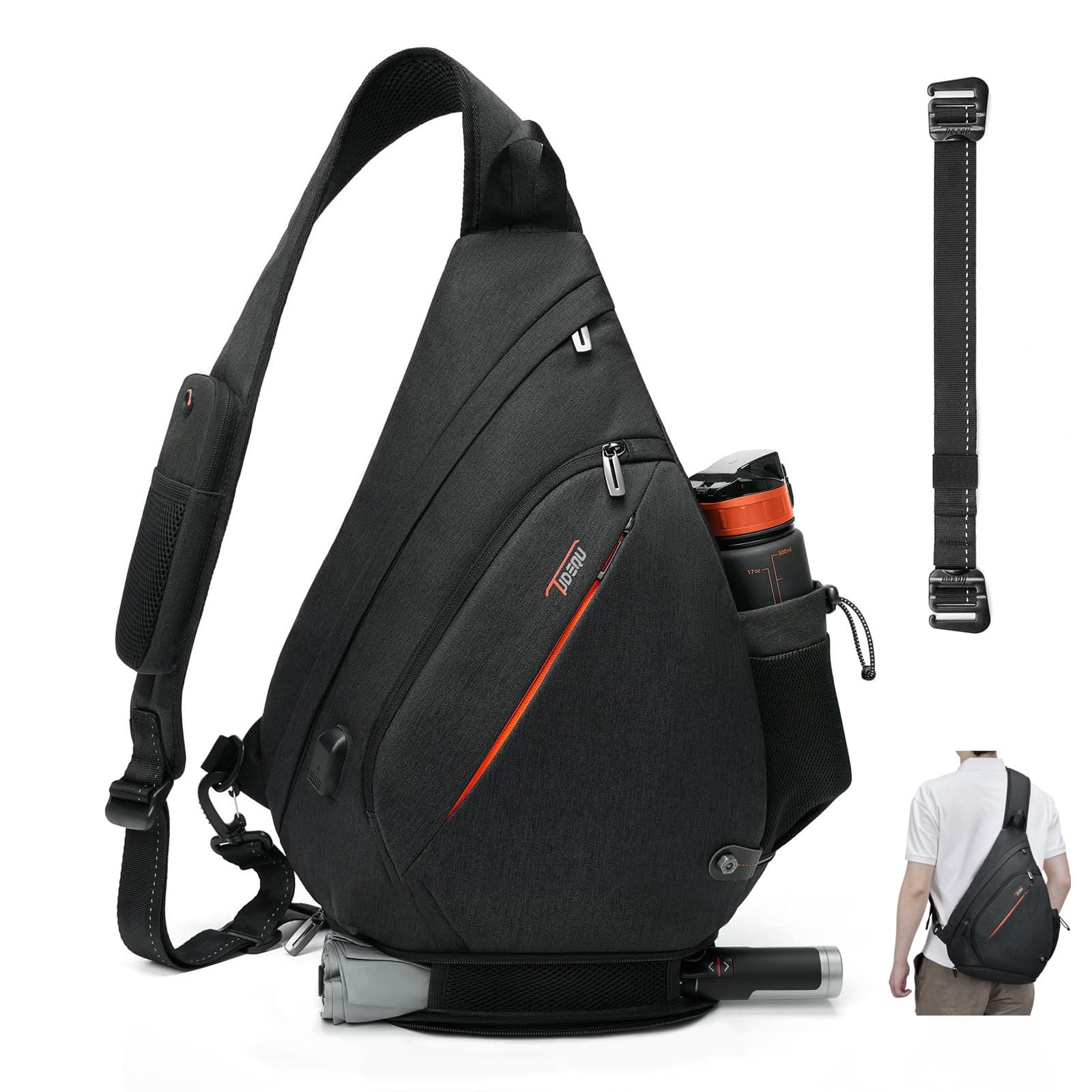 Sling Bags for Men,8 Pockets One Shoulder Backpack Large 19L,Crossbody,Single Strap,Black,Travel,Hiking,Women