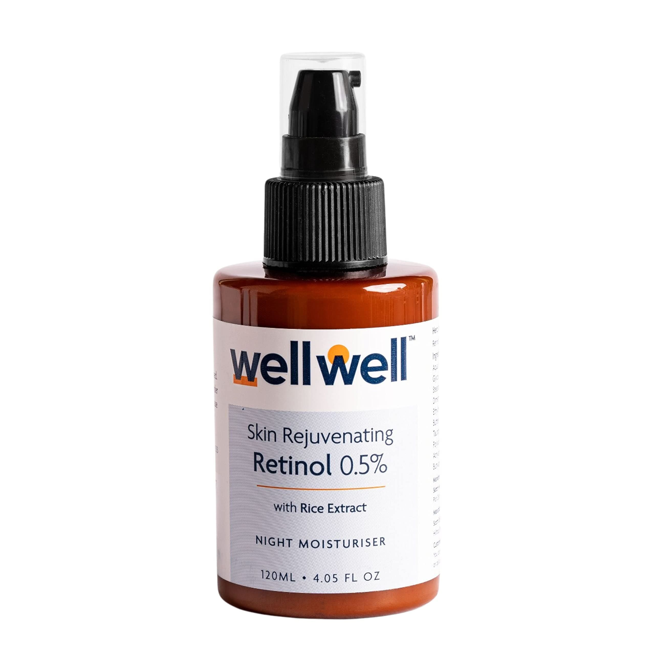 wellwell 0.5% Retinol Night Creams For Fine Lines, Wrinkles, and Aging Concerns | Oil Free & Non Sticky Moisturizer | For Glowing Skin | For All Skin Types | Fragrance Free | 120Ml