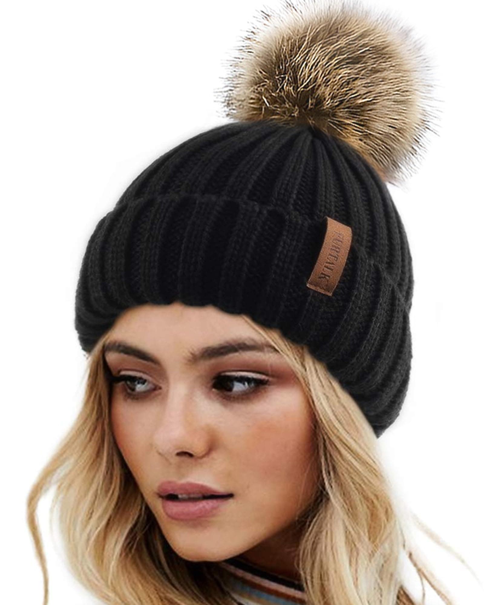 Womens Winter Knitted Beanie Hat with Faux Fur Pom Warm Knit Skull Cap Beanie for Women