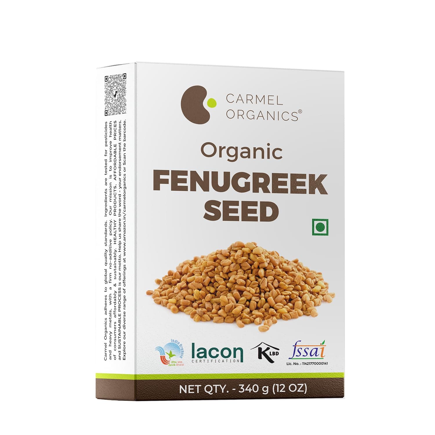 CARMEL ORGANICS Fenugreek Seed/Methi Seeds (Whole, 340 Grams) For Your Hair Growth & Health Care,Trigonella Foenum-Graecum,Jaivik Bharat Certified,Menthya ,Venthayam,Menthulu,No Added Preservatives