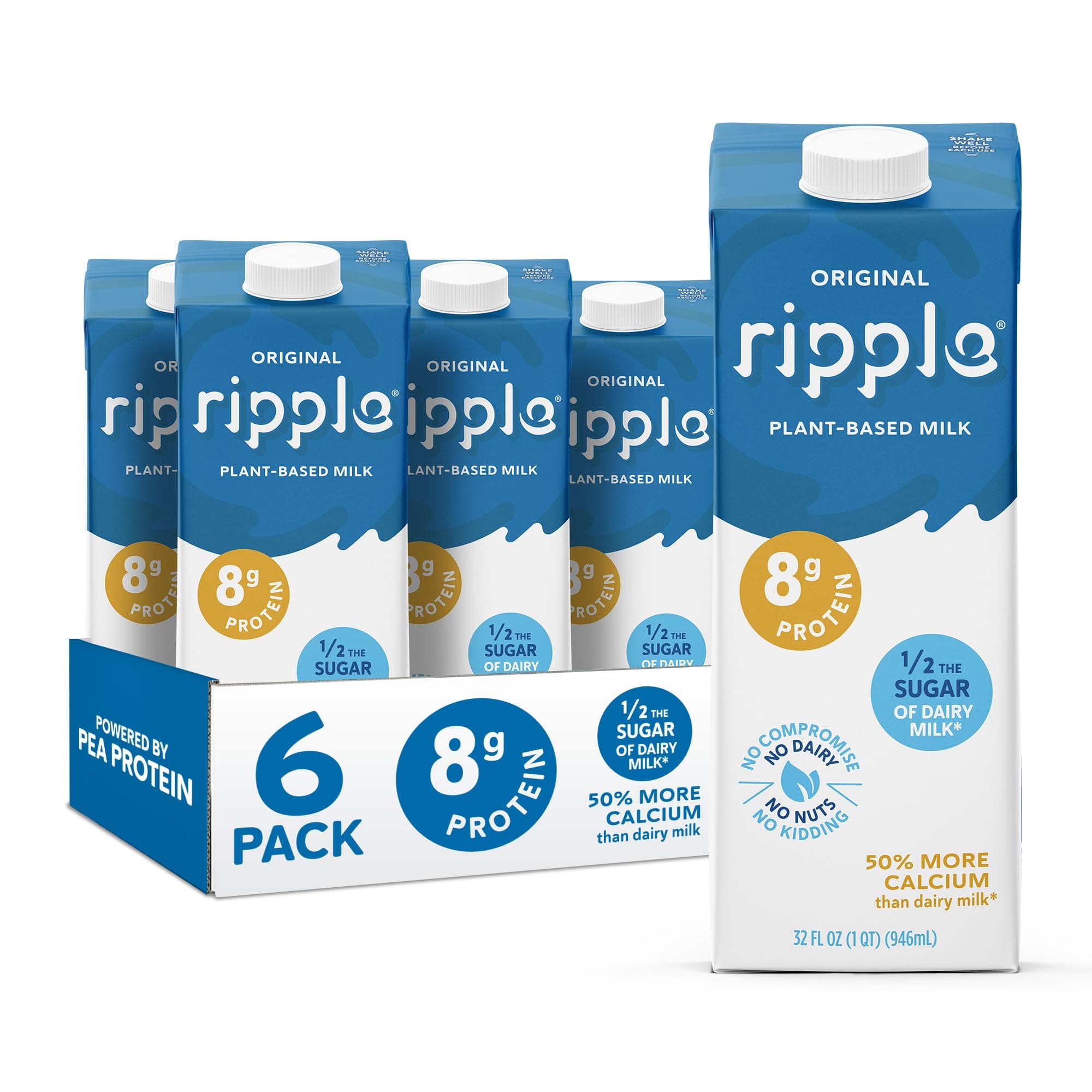 Ripple Original Plant Based Milk,8g of Quality Sourced Pea Protein, Calcium Rich,Shelf Stable,Vegan & Non GMO Certified,Dairy, Soy, Nut, Gluten, & Lactose Free,32 Fl Oz Cartons