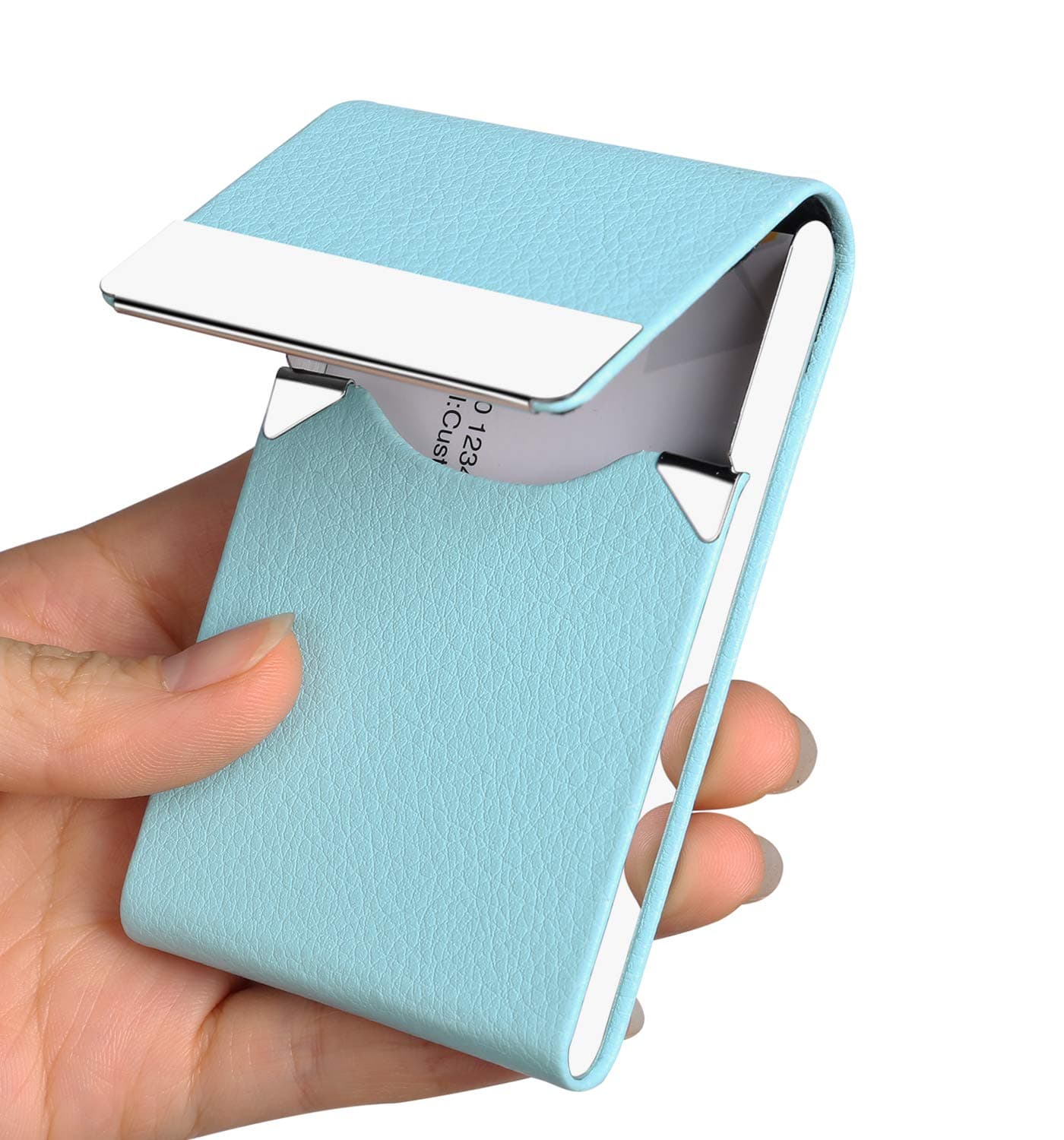 Professional Business Card Holder Case PU Leather Metal Name Card Holder Pocket Business Card Carrier for Men & Women with Magnetic Shut (Light Blue-y)