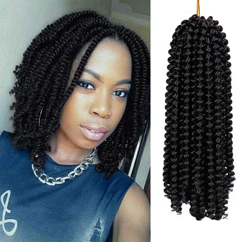 3 Pack Spring Twist Crochet Braids 8 Inch Synthetic Braiding Hair Extensions Black Spring Twist Crochet Hair Extensions (1B)