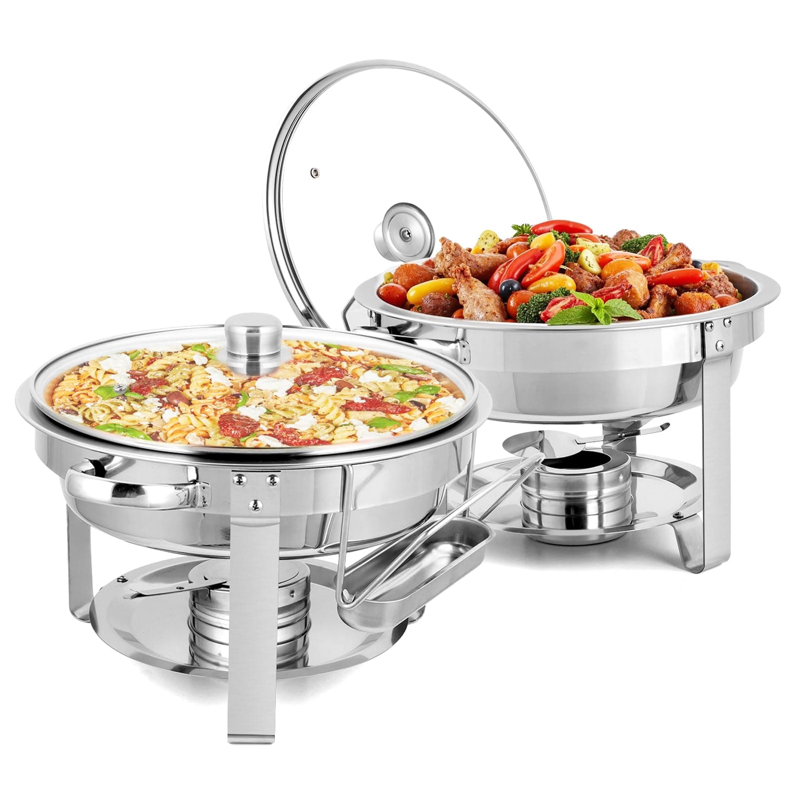 ROVSUN 5 Qt 2 Pack Chafing Dishes for Buffet, NSF Stainless Steel Round Chafers for Catering, Buffet Servers and Warmers Set with Glass Lid & Lid Holder, Stackable Design for Wedding Party Event