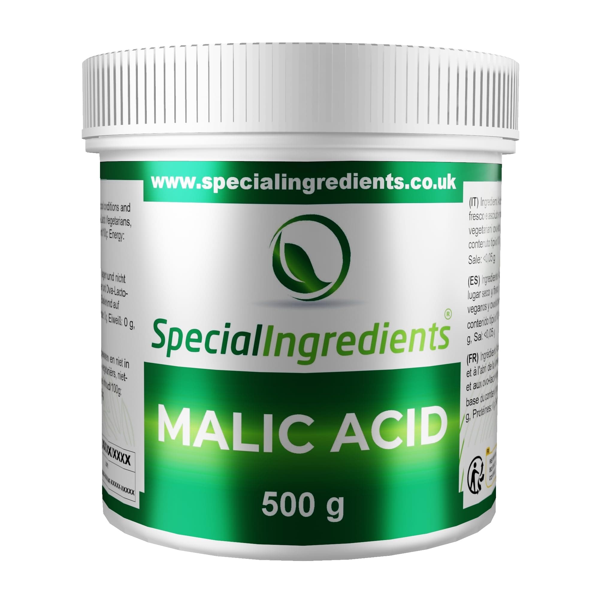 Malic Acid Powder 500g Premium Quality Natural Origin - Vegan, Non-GMO - Recyclable Container
